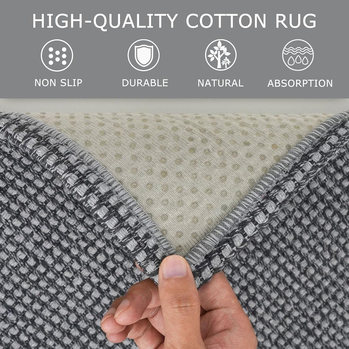 KOZYFLY Washable Area Rug 5x7 ft Rubber Backed Non Slip Rugs for Living Room Braided Cotton Bedroom Rug Woven Office Rugs Indoor Floor Carpets for Dining Bedroom Living Room, Grey/Dark Grey