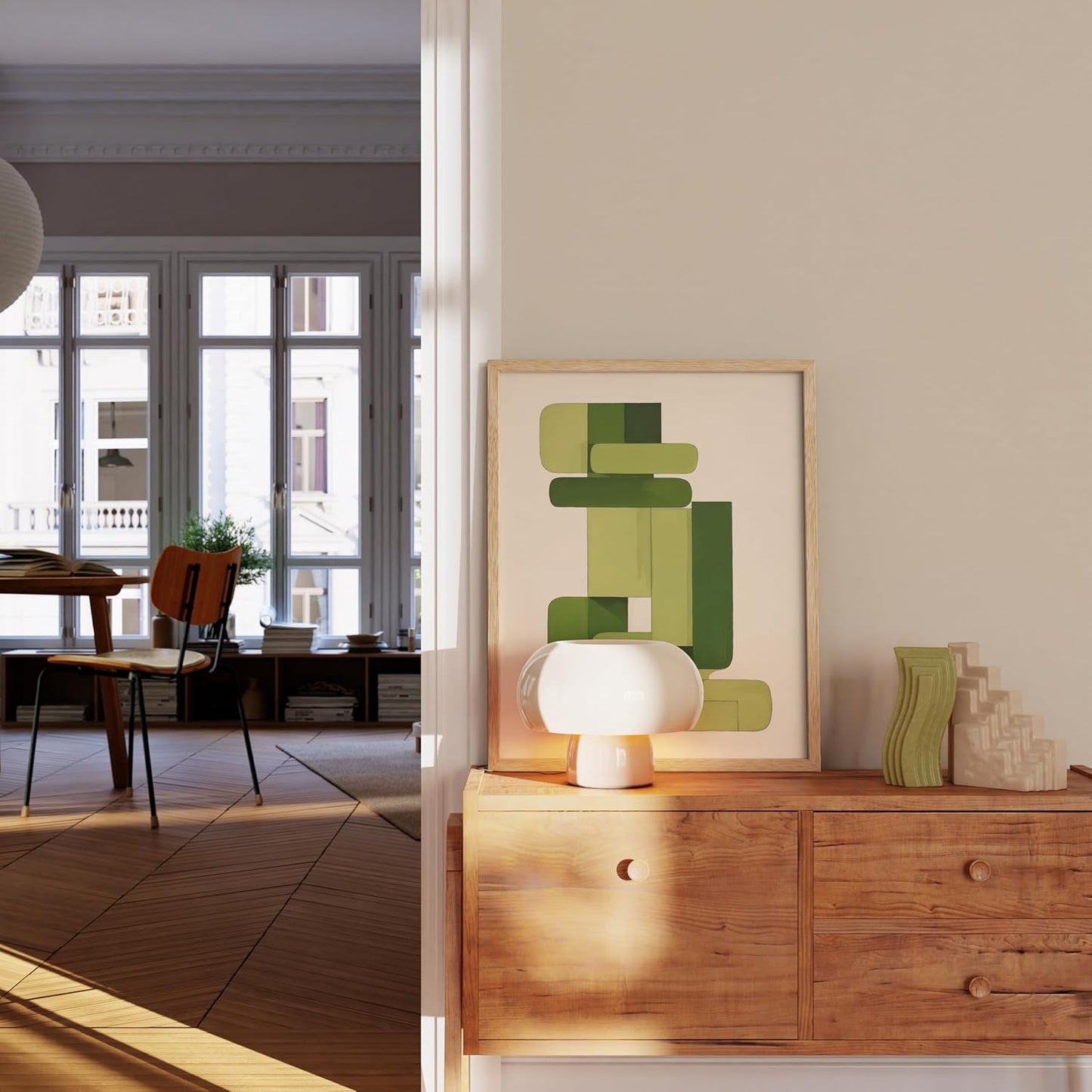 HAUS AND HUES Modern Abstract Wall Art - Blue and Green Living Room Art, Modern Artwork for Walls, Minimalist Picture for Living Room(Green Geometric, Beige Frame, 16x20)