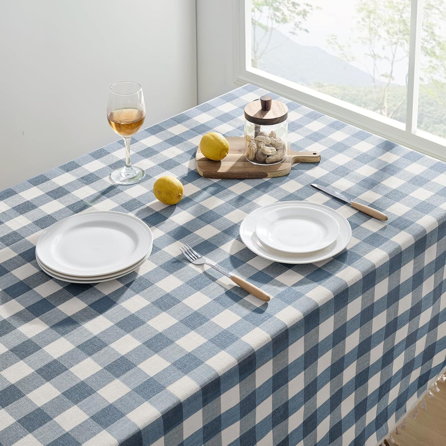 Softalker Checkered Tablecloth Rectangle, Heavy Weight Linen Gingham Outdoor Table Cloth with Tassel, Washable Wrinkle Free Buffalo Plaid Table Cover for Dining/Party/Home - 55 x 120 Inch, Blue