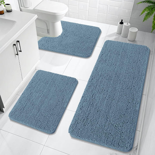 OLANLY Bathroom Rugs Sets 3 Piece, Soft Absorbent Chenille Bath Mats and U-Shaped Contour Toilet Rug, Quick Dry, Home Decor Accessories, Bath Mat Set for Bathroom (47"x20"+24"x16"+24"x20", Airy Blue)