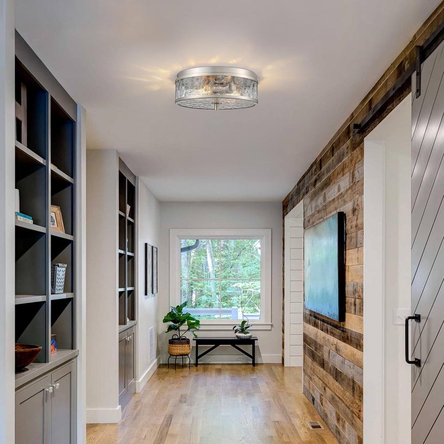 LamQee 12 Inch Flush Mount Ceiling Light with Crackled Glass Shade, 2-Lights Modern Farmhouse Close to Ceiling Lighting Fixture for Hallway Kitchen Bedroom Bathroom Foyer Entryway, Brushed Nickel