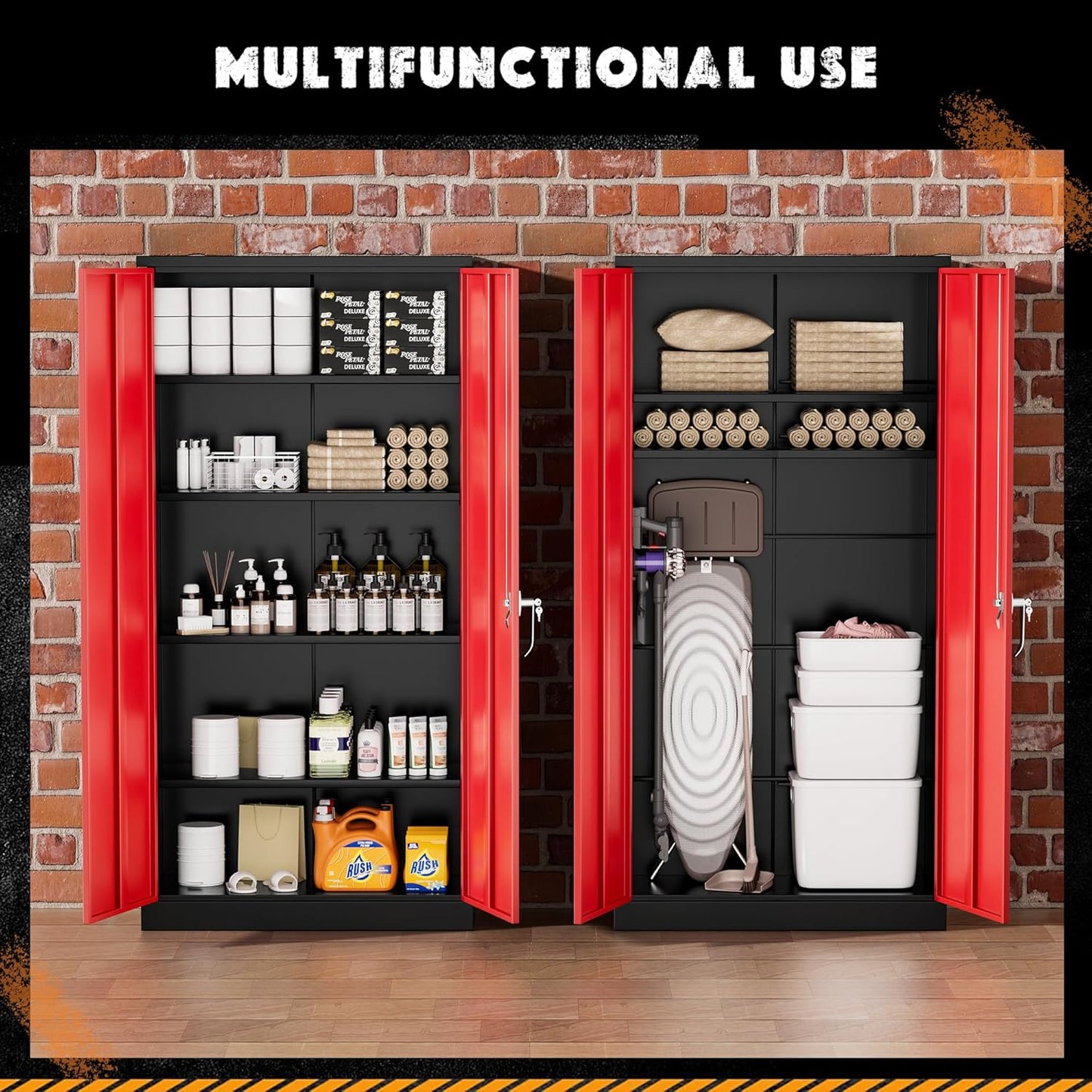 Greenvelly Metal Storage Cabinet with Doors and Adjustable Shelves,72" Black Red Locking Steel Garage Cabinet with Lock, Metal Tool Cabinets for Garage,Home Office,School