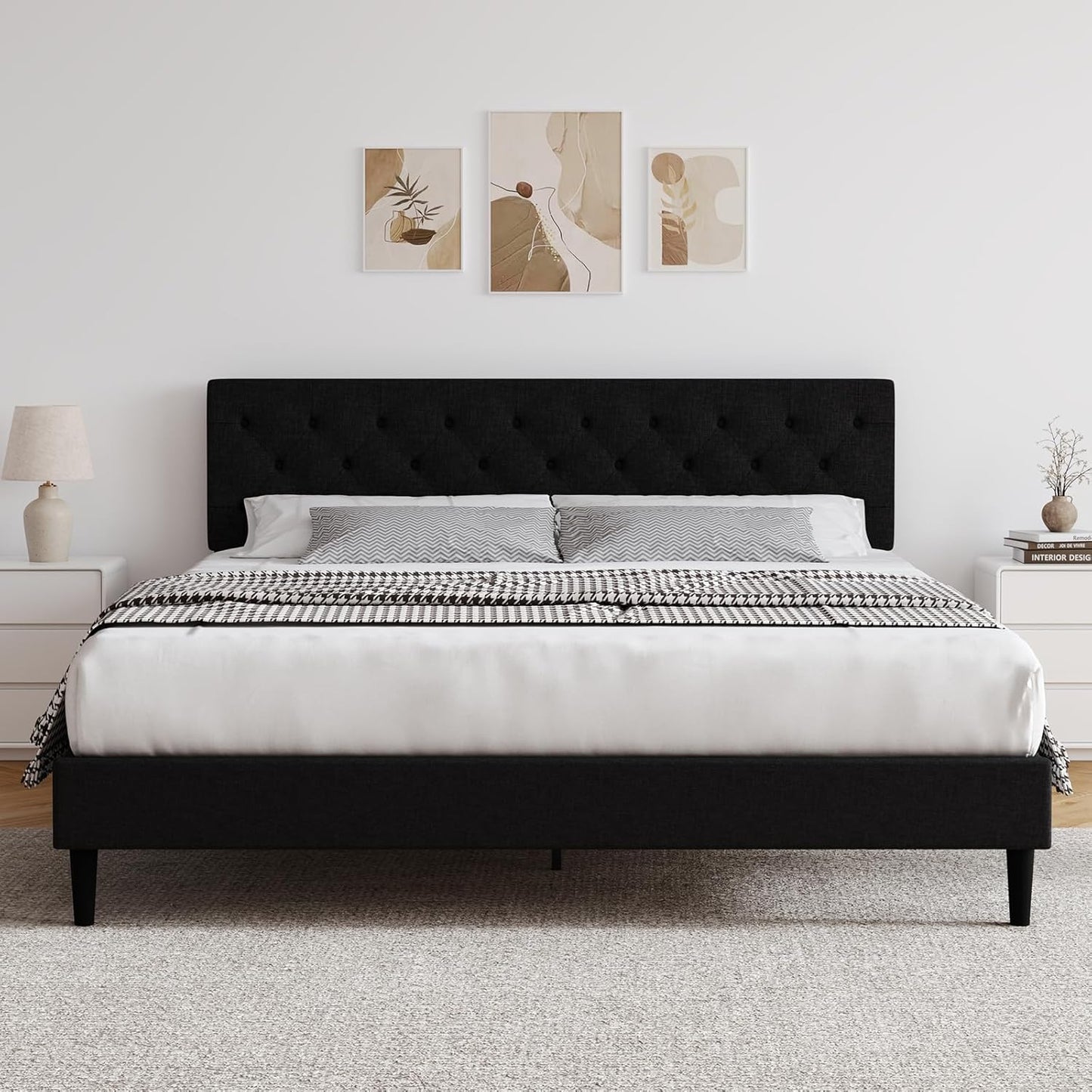 HOMBCK King Size Bed Frame with Headboard, Linen Fabric Upholstered Platform Bed Frame, Button Tufted Bed Frame King, Wooden Slat Support, No Box Spring Needed, Easy Assembly, Black