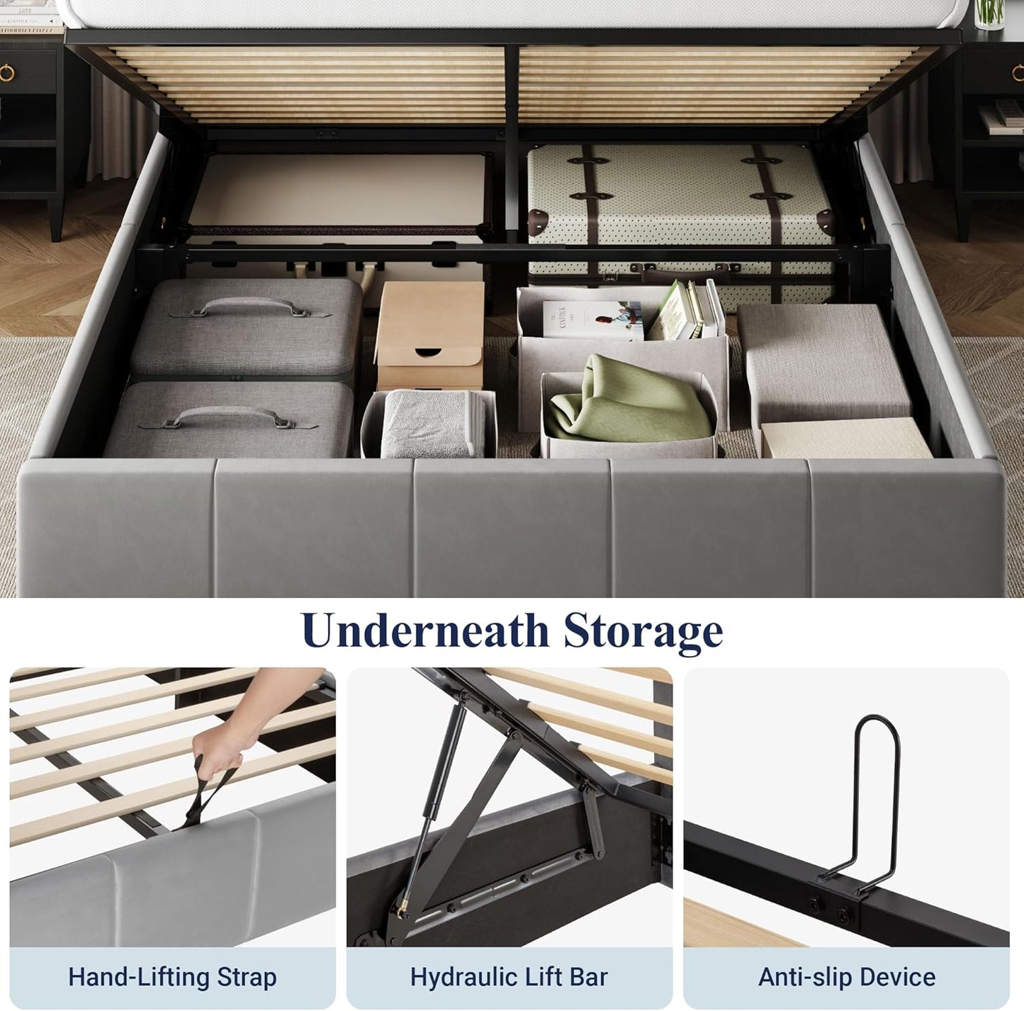 Allewie Full Size Velvet Lift Up Storage Bed Frame, Vertical Channel Tufted Headboard, Hydrualic Underneath Storage, Upholstered Platform Bed, Wooden Slats Support, No Box Spring Needed, Gray