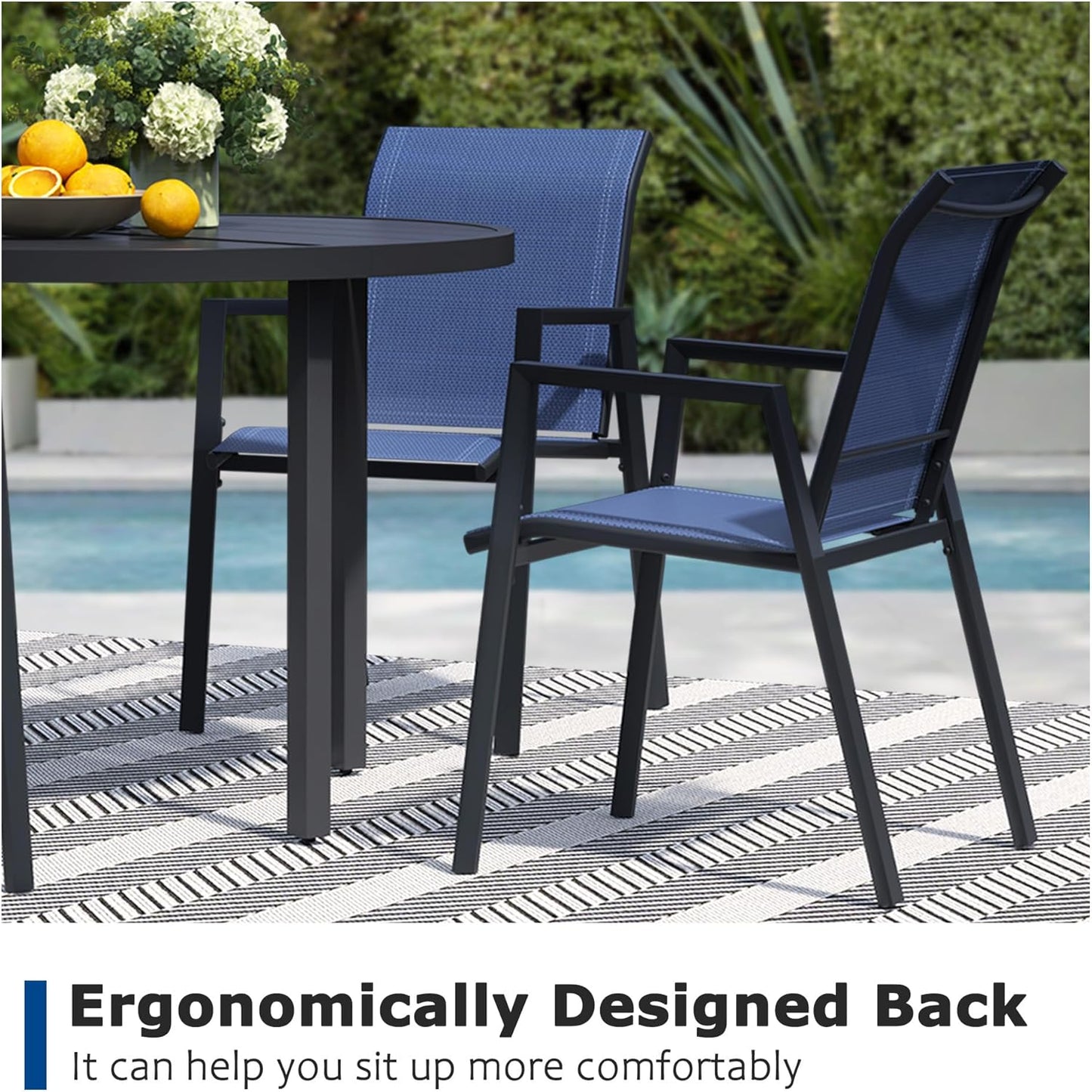 5 Piece Outdoor Dining Set, Patio Table and Chairs Set of 4, 42" Black Round Patio Table with 4 Blue Stackable Patio Chairs for Lawn, Garden, Porch