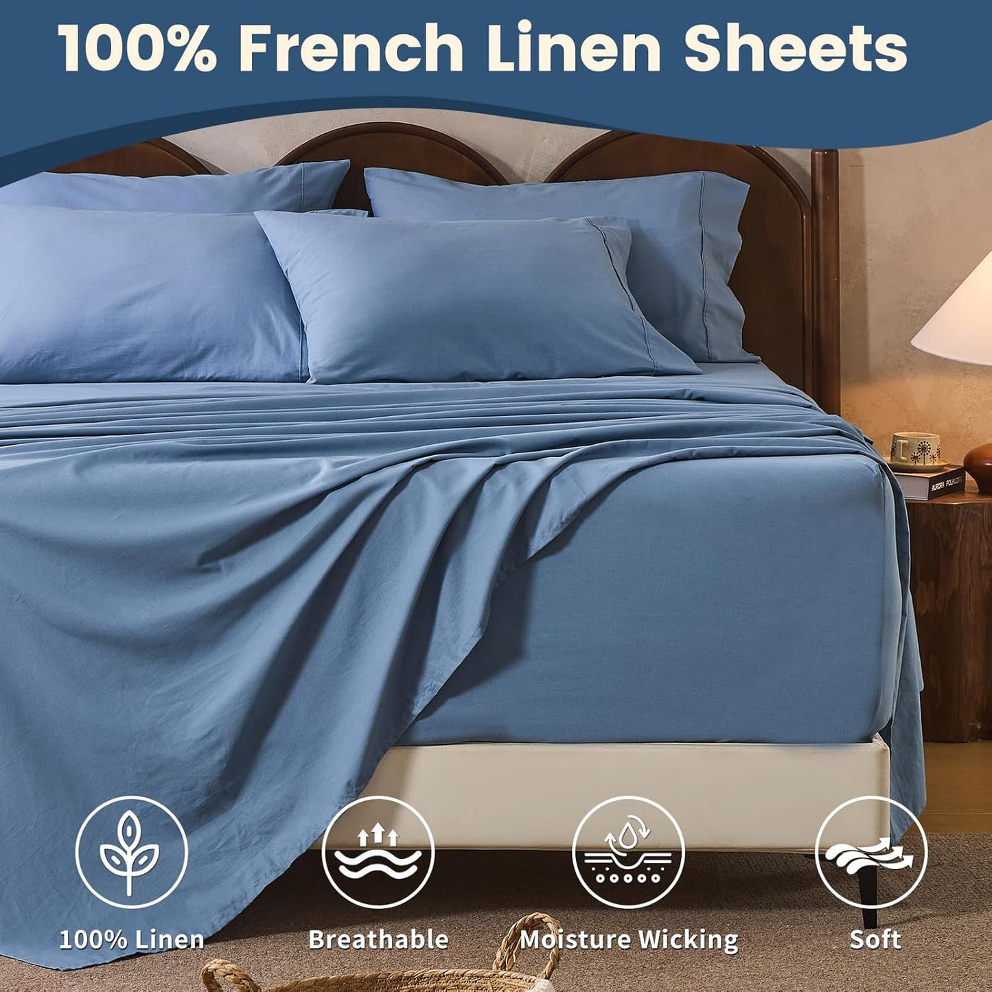 100% Linen Sheet Set Queen Size Extra Deep Pocket Fits 18-24 Inch Mattress, Breathable & Soft, Smooth 6-Piece Set for Thick Mattresses Hotel Luxury Bedding（Queen, Dusty Blue）