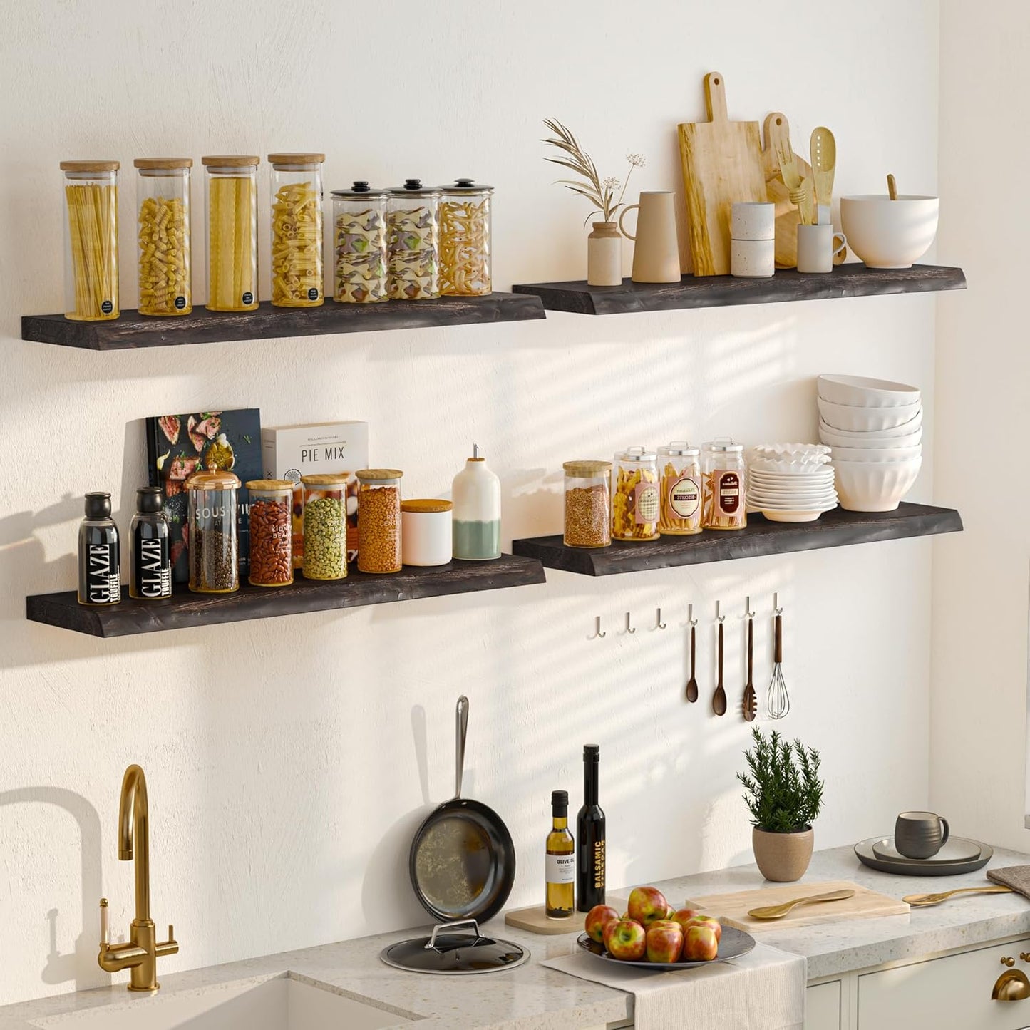 Fun Memories Floating Shelves for Wall Decor, Rustic Solid Elm Wood Live Edge Floating Shelves Wall Mounted, Heavy-Duty Shelf with Invisible Bracket for Living Room Kitchen, 32 Inch Set of 2, Walnut