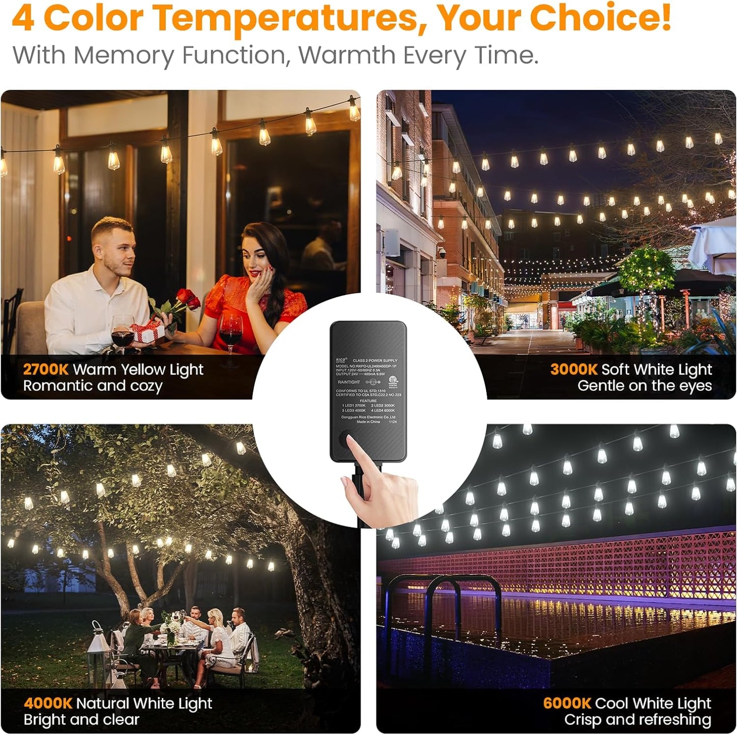 Kawaya Outdoor String Lights for Patio - ST38 Outside IP64 Waterproof Hanging Light with 2700k~6000k Dimmable - 100FT Led Edison Lights for Cafe Bistro Yard Gazebo Porch