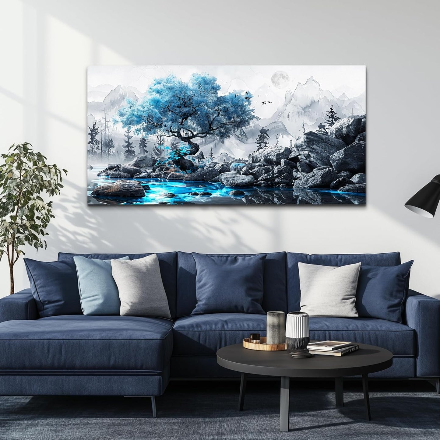 FUHUAHAI Canvas Wall Art For Living Room Framed Wall Decor For Bedroom Modern Office Decoration Black And White Ink Landscape Painting Blue Tree Wall Pictures Artwork Ready To Hang Home Decor 20x40