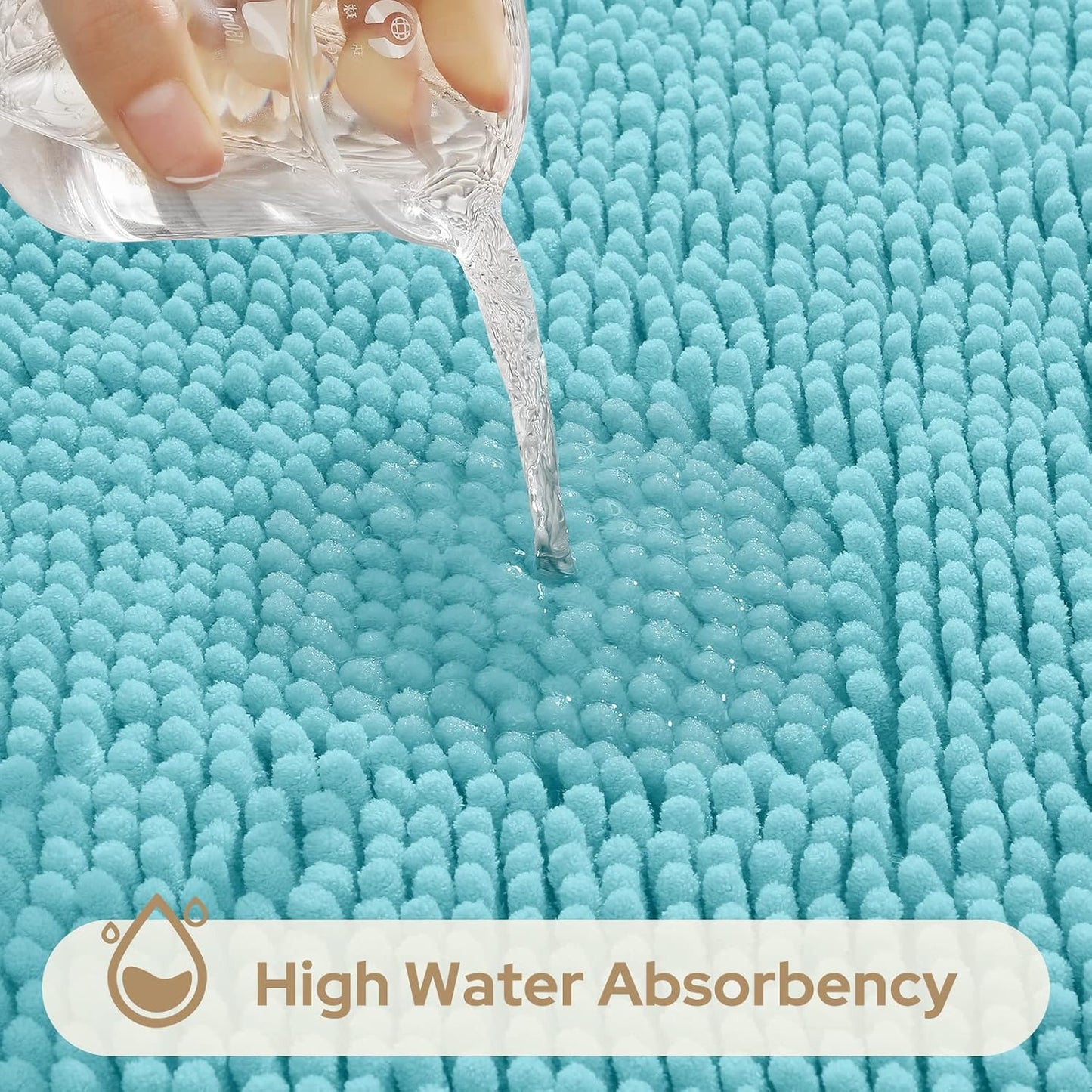 HOMEIDEAS 3 Pieces Bathroom Rugs, Ultra Soft Non Slip Absorbent Chenille Toilet Bath Mat Set (Aqua Blue,17"x24"+20"x32"+U Shape 20"x24")