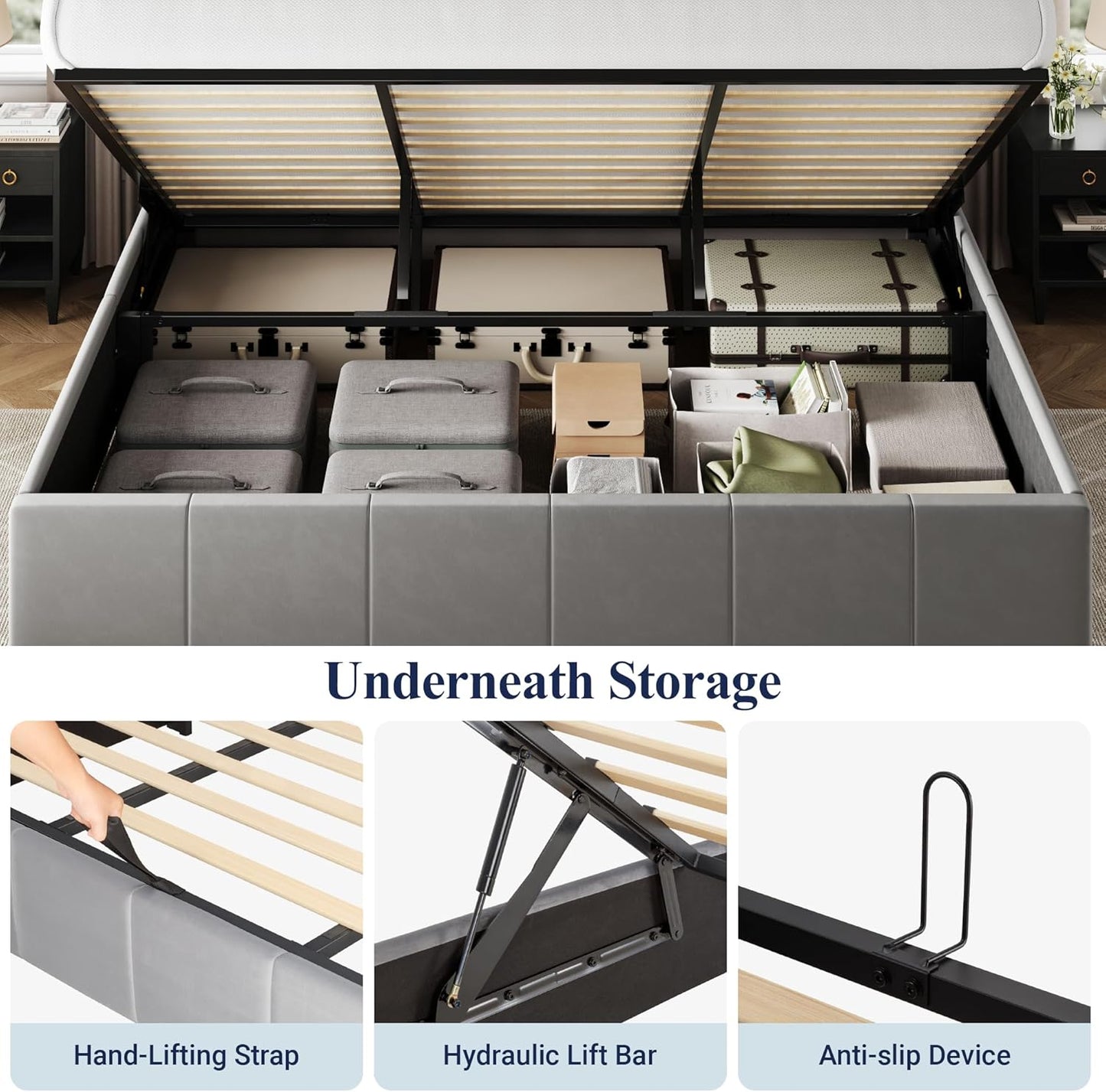 Allewie King Size Velvet Lift Up Storage Bed Frame, Vertical Channel Tufted Headboard, Hydrualic Underneath Storage, Upholstered Platform Bed, Wooden Slats Support, No Box Spring Needed, Gray