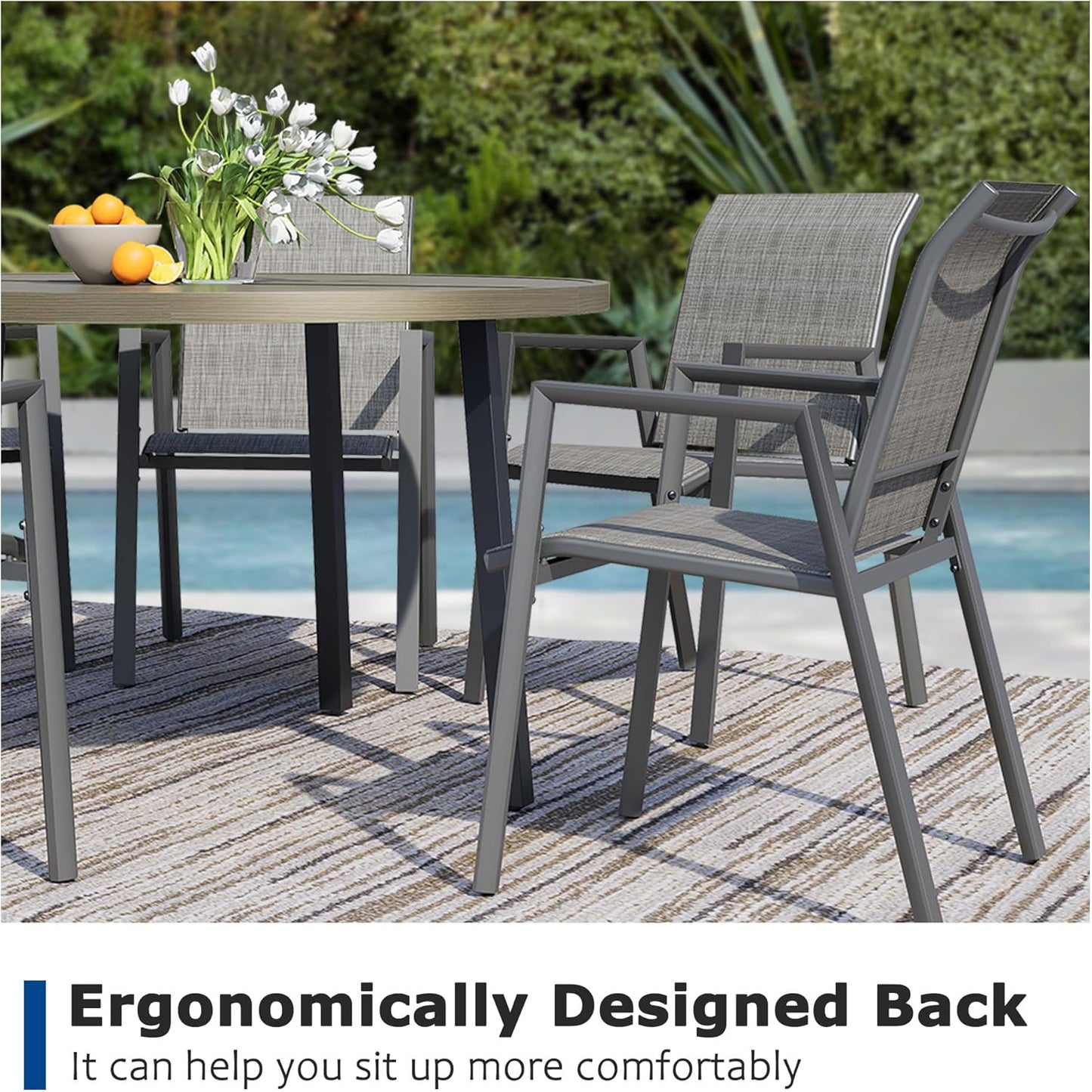7 Piece Outdoor Dining Set, Patio Table and Chairs Set of 6, 47" Honey Oak Round Patio Table with 6 Grey Stackable Patio Chairs for Lawn, Garden, Porch