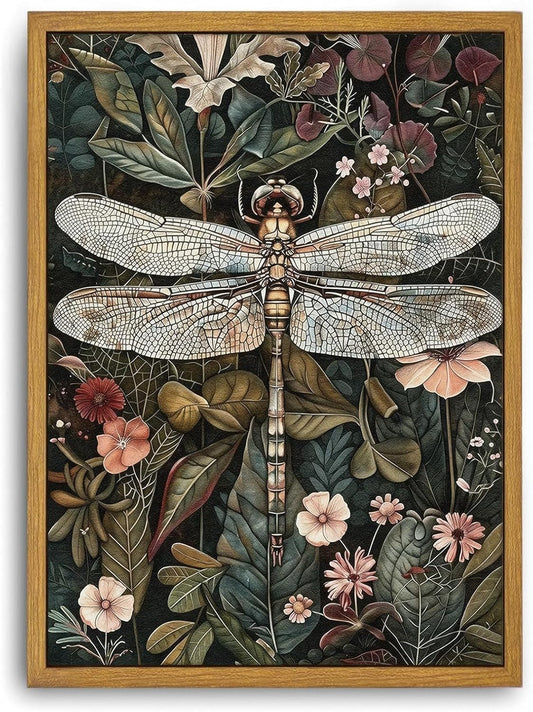 Djmwtb Vintage Dragonfly Framed Wall Art Green Botanical Canvas Art Prints Boho Flower Pictures Wall Decor Nature Floral Paintings Artwork for Living Room Bedroom Bathroom Office 12x16in