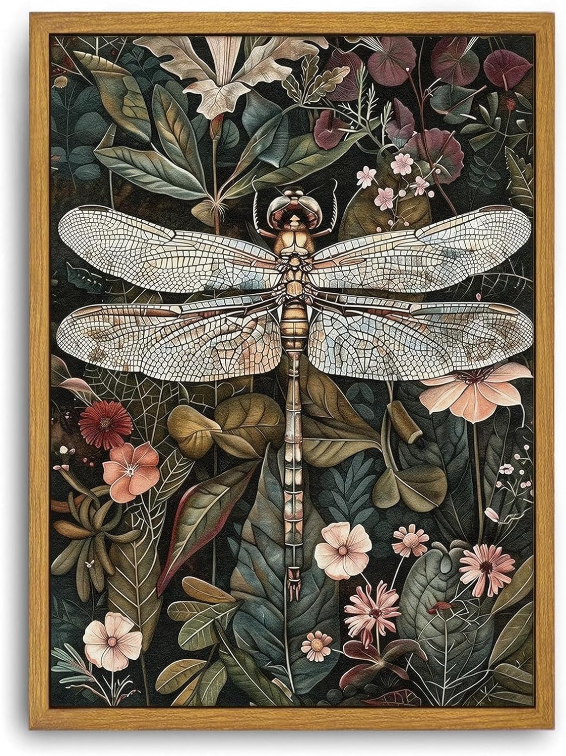 Djmwtb Vintage Framed Wall Art Botanical Dragonfly Canvas Wall Art Prints Green Boho Nature Painting Flower Pictures Wall Decor Artwork for Living Room Bedroom Bathroom Office 8x10in