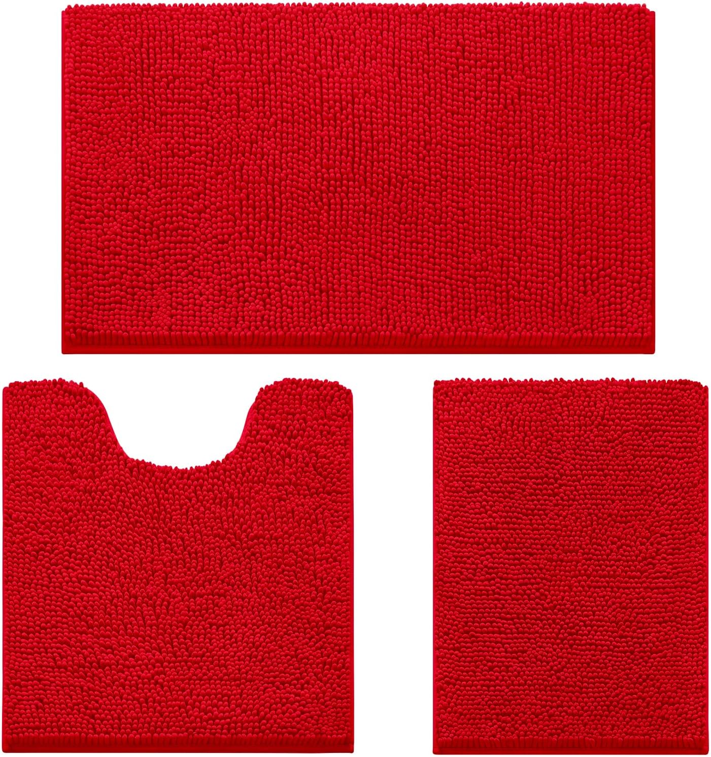 HOMEIDEAS 3 Pieces Bathroom Rugs, Ultra Soft Non Slip Absorbent Chenille Toilet Bath Mat Set (Red,17"x24"+20"x32"+U Shape 20"x24")