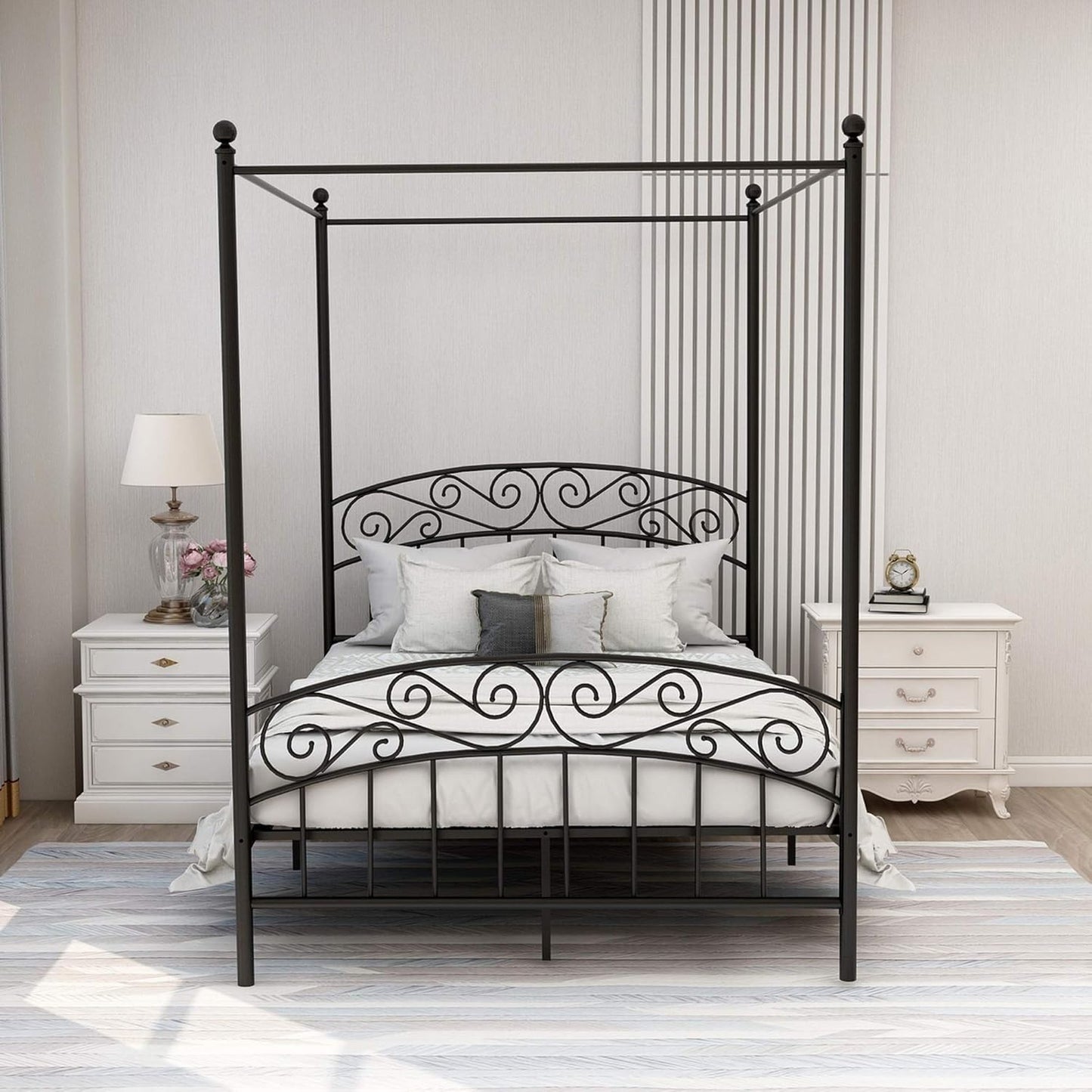 Full Size Canopy Bed Frame Four-Poster Metal Platform Bed with Headboard and Footboard Sturdy Heavy Duty Steel Slat Support No Box Spring Needed Black