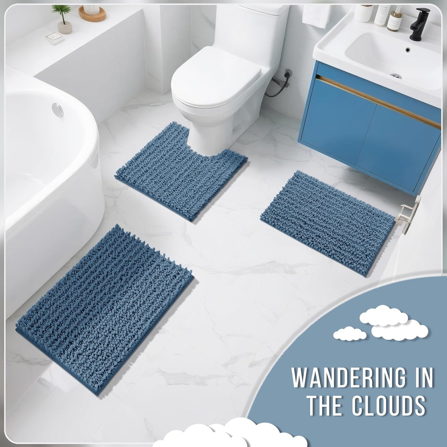 Yimobra Bathroom Rugs Sets 2 Piece - Quick Dry Extra Thick Luxury Chenille Bath Mat, Non Slip Super Absorbent for Tub Shower Sink, Machine Washable Shaggy Floor Mat, 24"x17+24"x20" Inch, Denim Blue