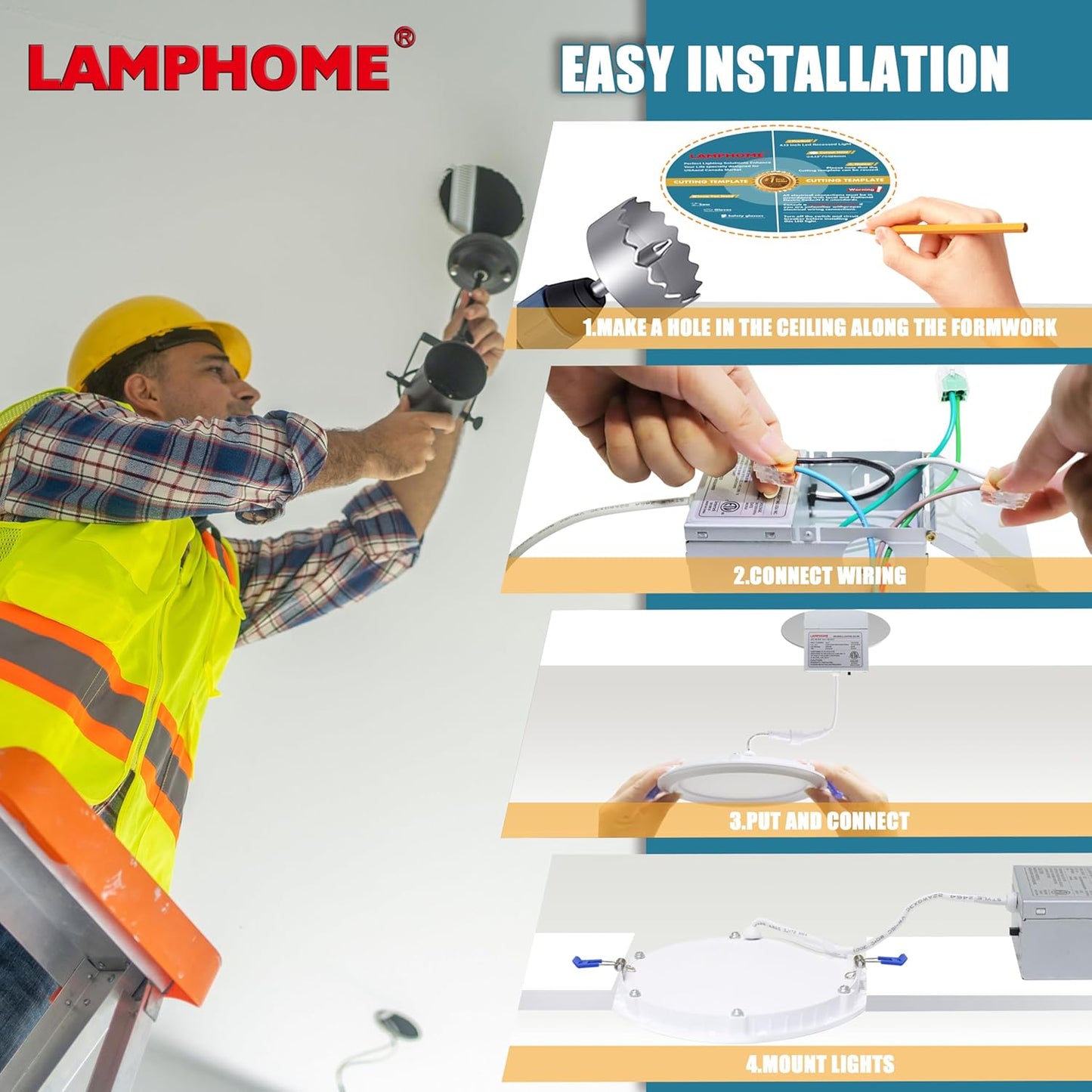 LAMPHOME 6-Pack of 6-Inch Slim LED Recessed Lights with Junction Box, Adjustable Color Temperatures (2700K-5000K), 12W Equivalent to 110W, Dimmable, 1050LM Brightness - ETL and Energy Star Certified