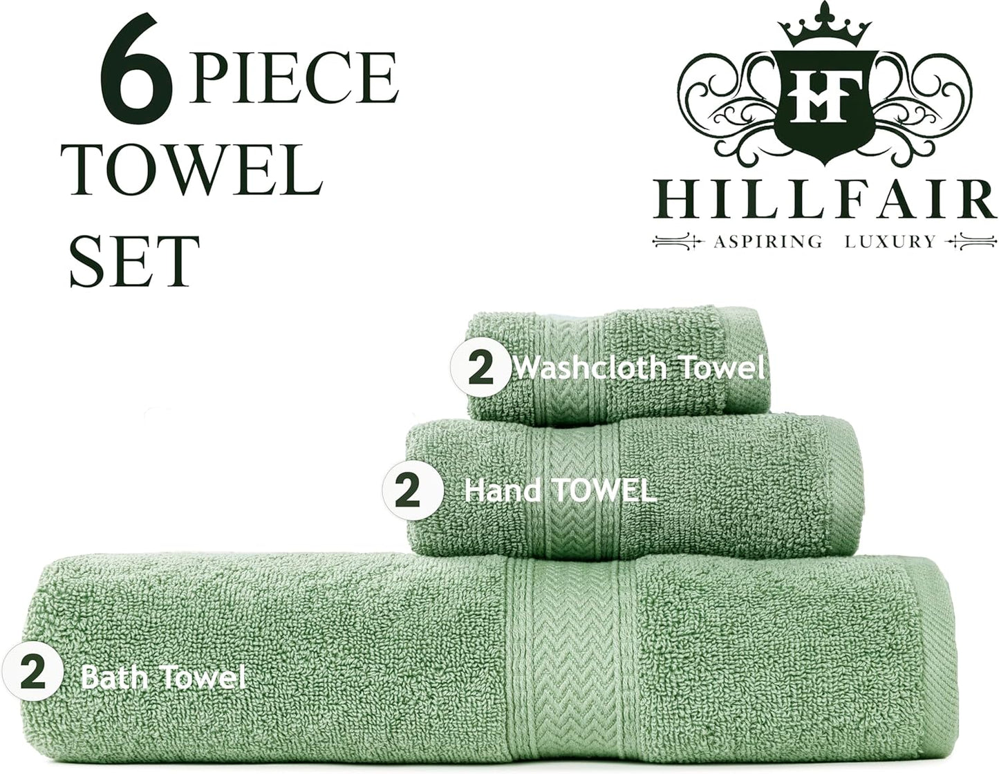 HILLFAIR Premium 600 GSM 6 Piece Towel Set- 2 Bath Towels, 2 Hand Towels & 2 Washcloths, Machine Washable, Hotel Quality, Super Soft & Highly Absorbent Cotton Towel: Sage