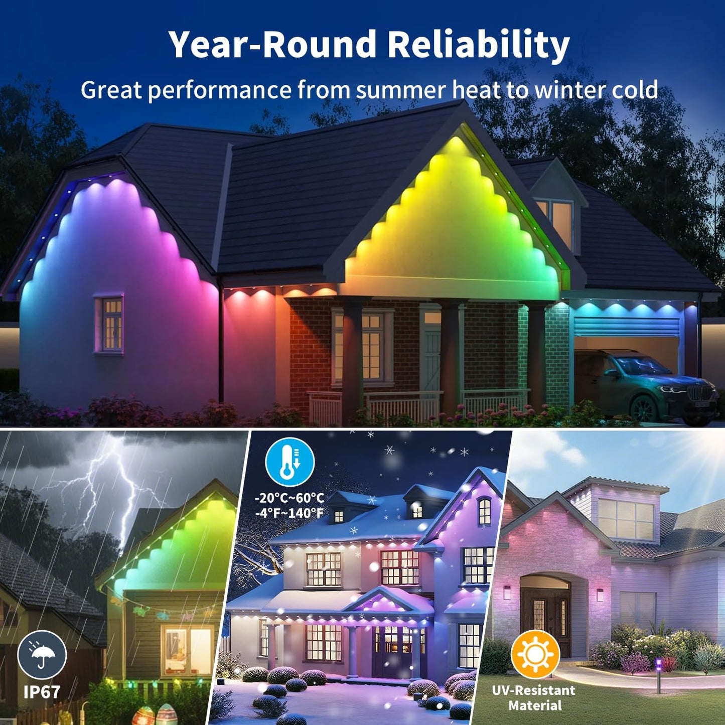 XINKAITE 100FT Permanent Outdoor Lights with 50 LEDs - Smart RGB+IC with 16 Million DIY Colors, IP67 Waterproof, App & Remote Control, Hundreds of Dynamic & Scene Modes for Holidays, Christmas & Home