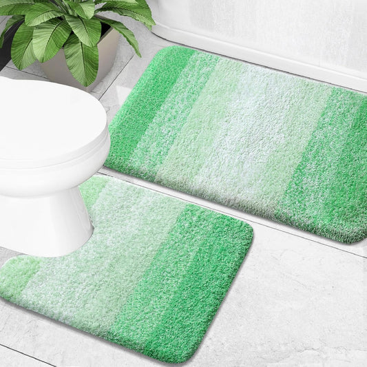 OLANLY Bathroom Rug Set 2 Piece, Soft Absorbent Microfiber Bath Mats and U-Shaped Contour Toilet Rug, Non-Slip, Machine Wash Dry, Plush Shaggy Bath Mats for Bathroom (24"x16"+24"x20", Green)