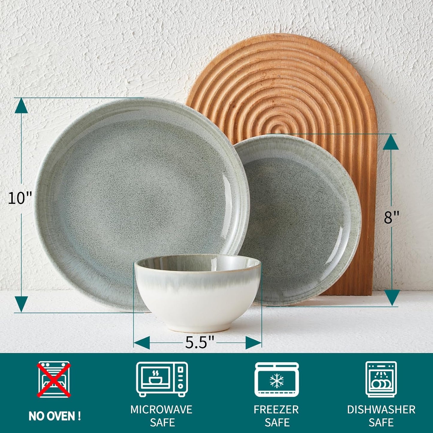 Ceramic Dinnerware Sets for 6, 18 Pieces Stoneware Plates and Bowls Sets, Chip and Stain Resistant Modern Dishes, Dishwasher & Microwave Safe Dinner Set, Gradient Green