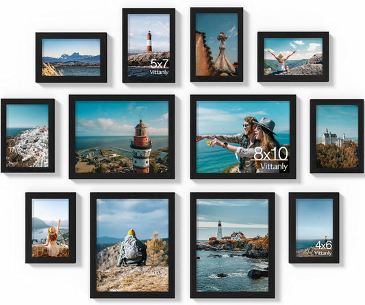 Vittanly Picture Frames Collage Wall Decor for Mounting or Tabletop Display, Gallery Wall Frame Set for Family, Multi Sizes Including 4pcs 8x10, 4pcs 5x7, 4pcs 4x6, Black