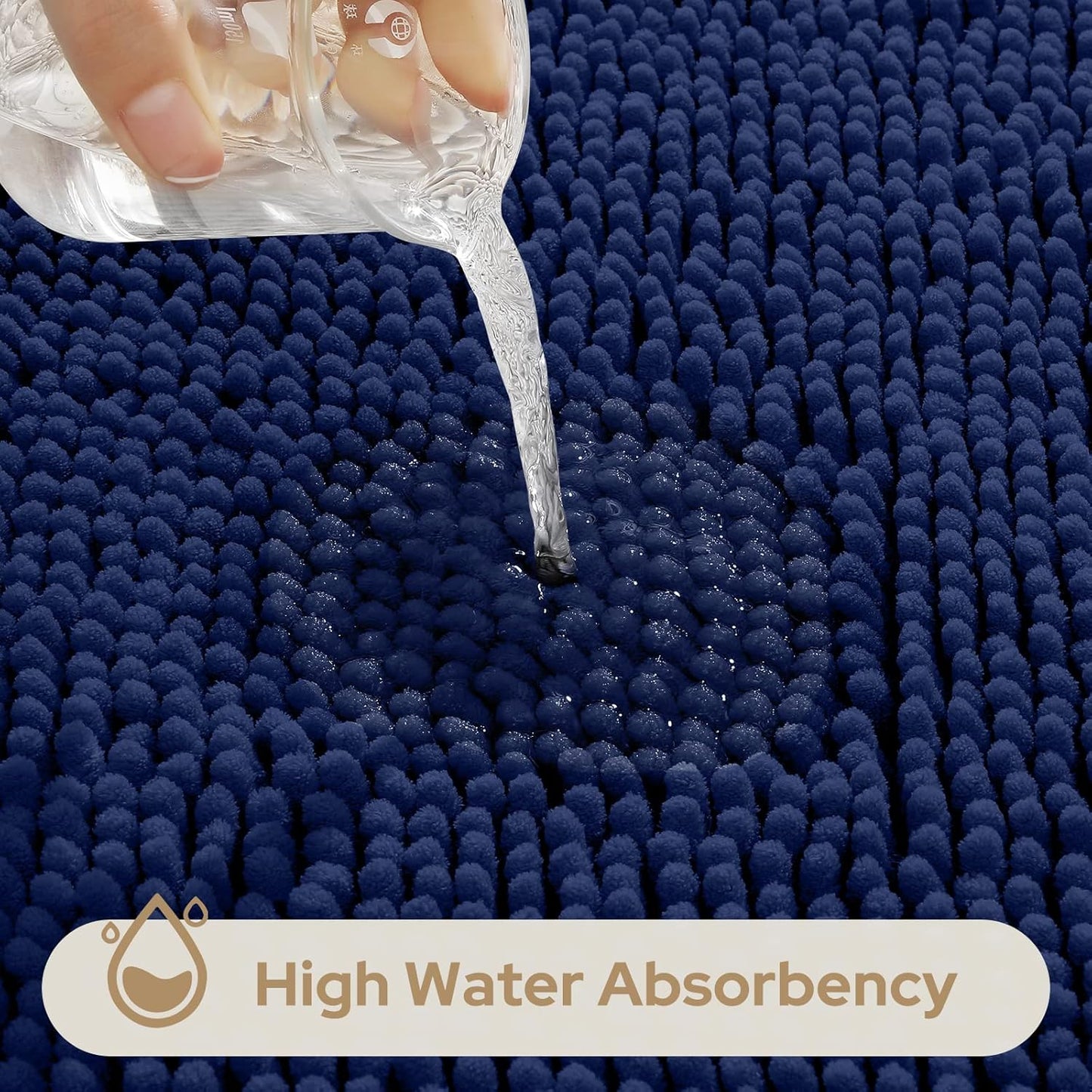 HOMEIDEAS 3 Pieces Bathroom Rugs, Ultra Soft Non Slip Absorbent Chenille Toilet Bath Mat Set (Navy Blue,17"x24"+20"x32"+U Shape 20"x24")