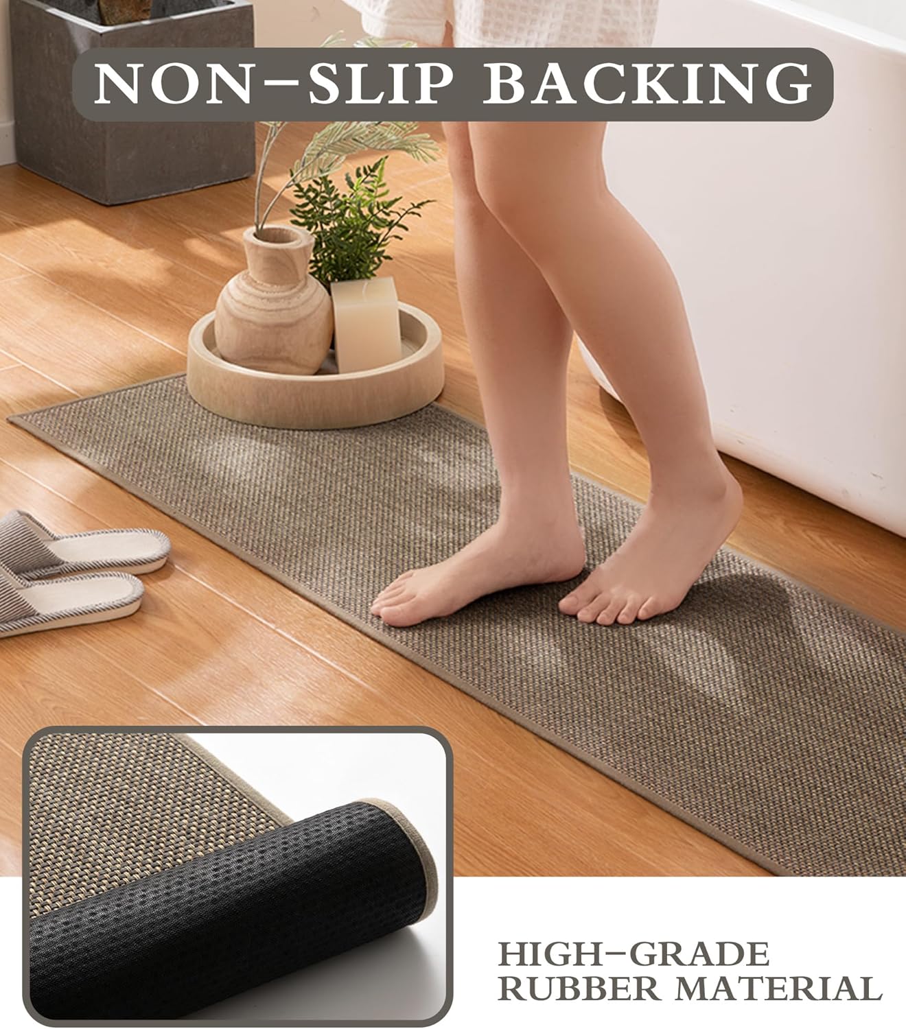 YIHOUSE Bathroom Rugs Sets 3 Pieces, Grey Ultra Thin Bath Mats Fit Under Door, Absorbent Quickly Dry Rubber Backing Braided Bath Mat Set, Non Slip Washable Bath Rugs for Bathroom Floor, Grey