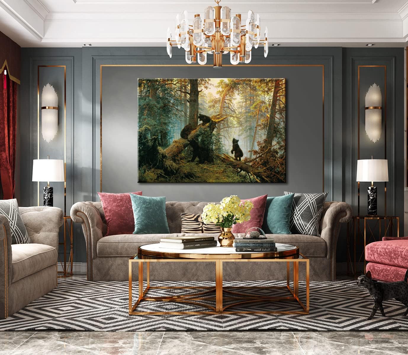 msspart Black Bears in Forest Large Painting Canvas Wall Art Decor, Ivan Shishkin Artwork Pictures Print for Living Room Bedroom Office Decoration 32"x48"