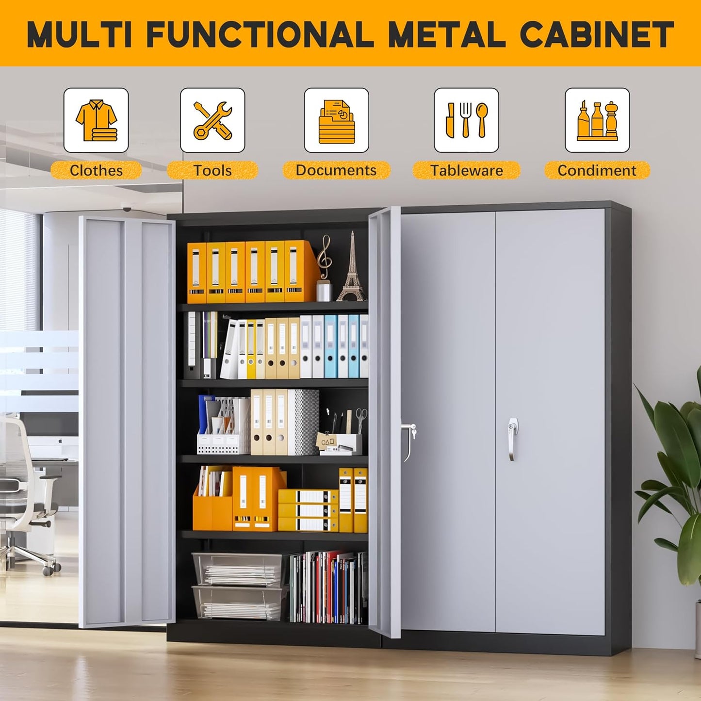 Greenvelly Metal Garage Storage Cabinet with 2 Doors and 4 Adjustable Shelves, 72”H Steel Lockable Storage Cabinet,Tall Metal Cabinet Locking File Cabinet for Office,Home, Garage, Gym, School