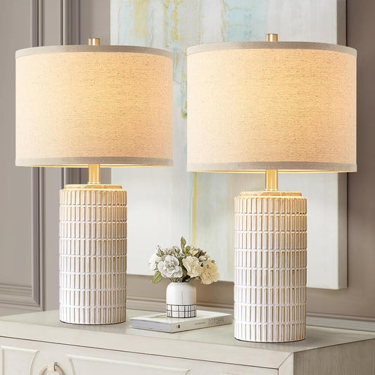 23'' Set of 2 Modern Ceramic Table Lamps for Living Room Bedroom, Nightstand Farmhouse Beige White Desk Lamp for Bedside End Table Entryway, 2 LED Bulbs Included