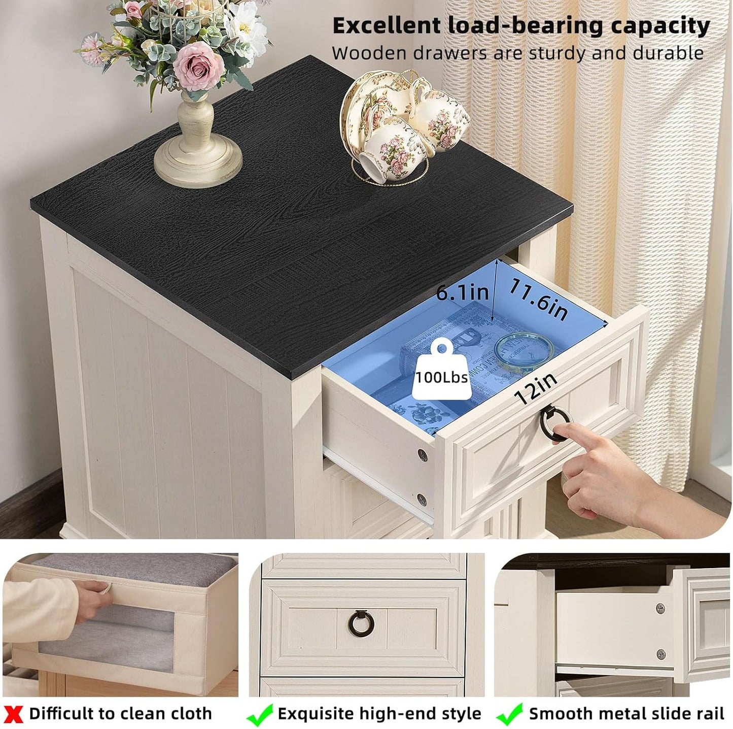 18" Farmhouse Night Stand with 3 Drawers, Wood End Table Dresser for Bedroom, White Nightstand, Bed Side Table with Metal Handle, Bedside Cabinet for Bedroom Living Room, Closet