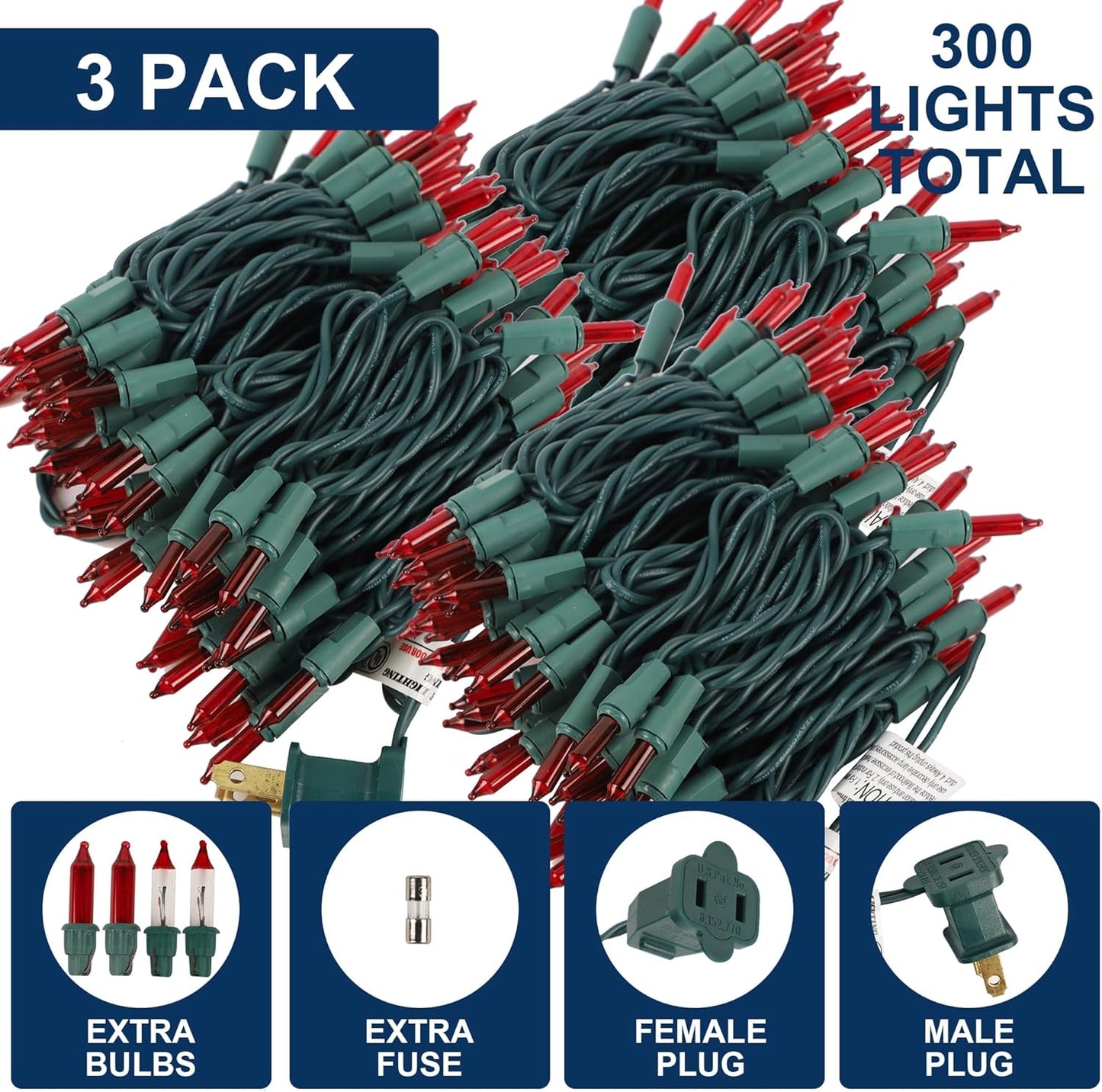 3 Pack Red Christmas String Lights, 100 Count Each, Incandescent Mini Christmas Lights, Connectable Xmas Tree Light for Indoor Outdoor Garland Birthday Holiday Wedding Festival Party