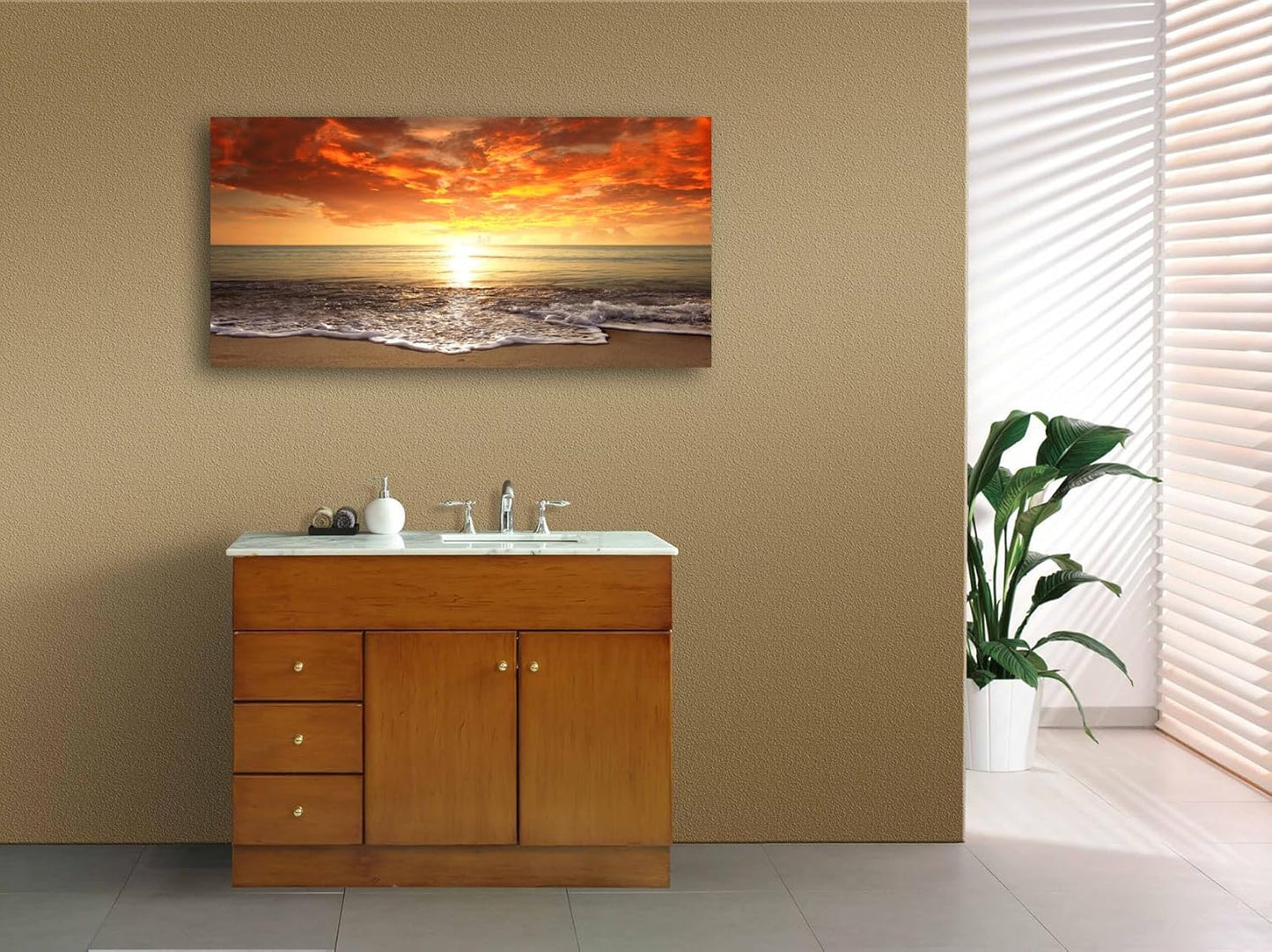 Baisuart-S0162 Canvas Prints Wall Art Sunset Ocean Beach Pictures Photo Paintings for Living Room Bedroom Home Decorations Modern Stretched and Framed Seascape Waves Landscape Giclee Artwork
