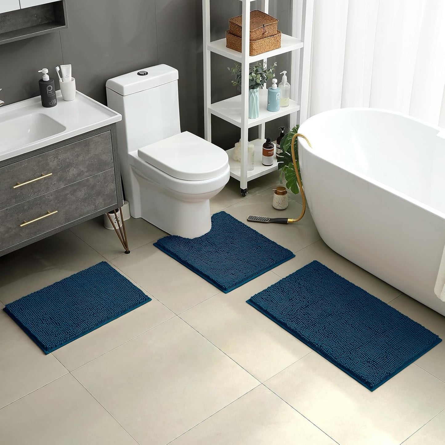 HOMEIDEAS 3 Pieces Bathroom Rugs, Ultra Soft Non Slip Absorbent Chenille Toilet Bath Mat Set (Atlantic Blue,17"x24"+20"x32"+U Shape 20"x24")