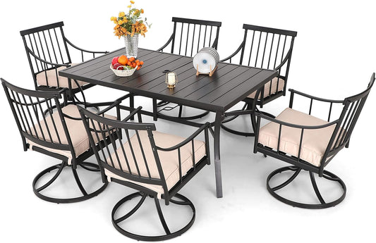 PHI VILLA 7 Pieces Outdoor Dining Set for 6, Black Rectangle Wrought Iron Table with Umbrella Hole & Swivel Metal Chairs with Cushions, Modern Furniture for Patio, Deck, Yard, Porch
