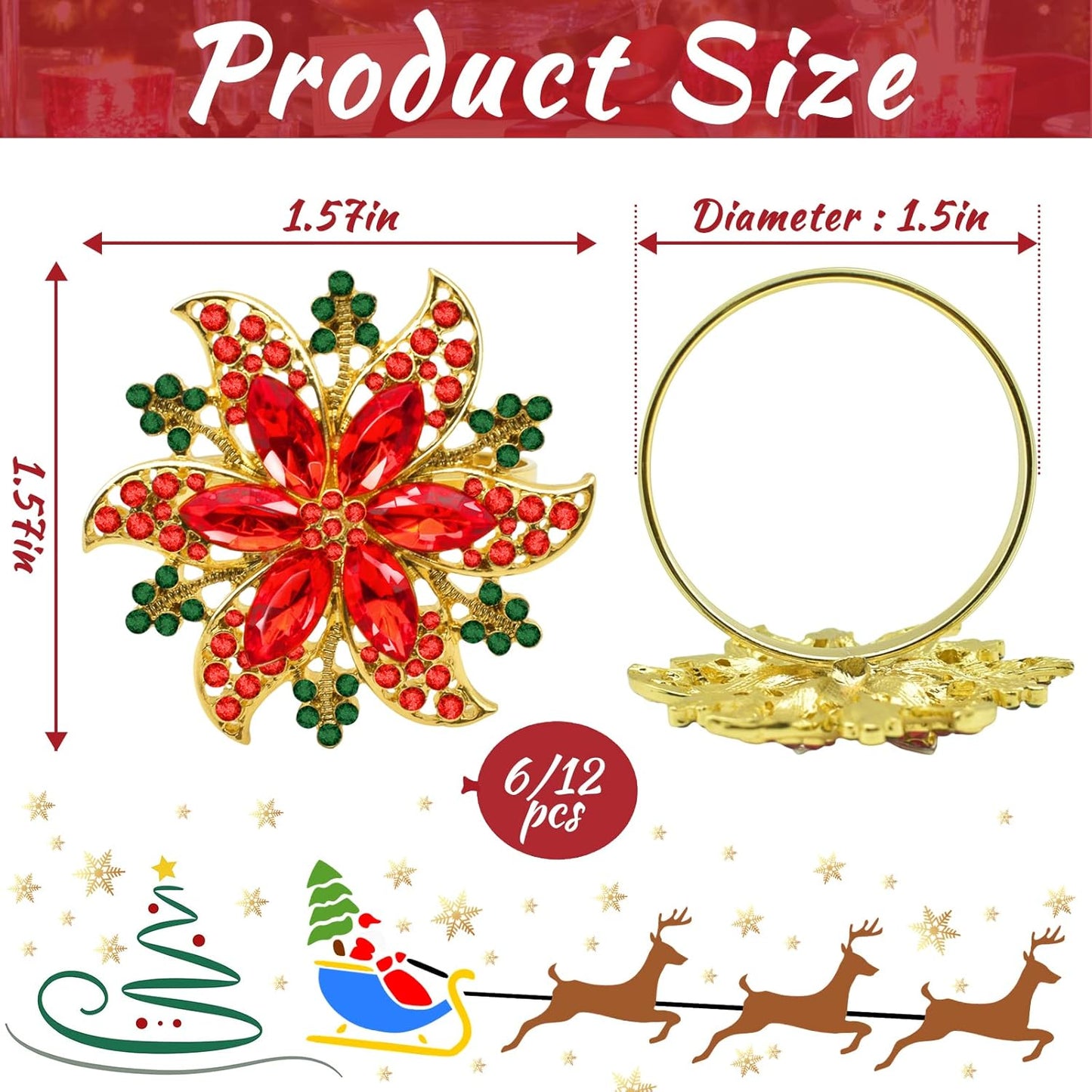 Legigo Set of 12 Christmas Flower Napkin Rings Set- Metal Xmas Napkin Ring Holders for Cloth Napkins, Christmas Holiday Party Dinner Table Decoration