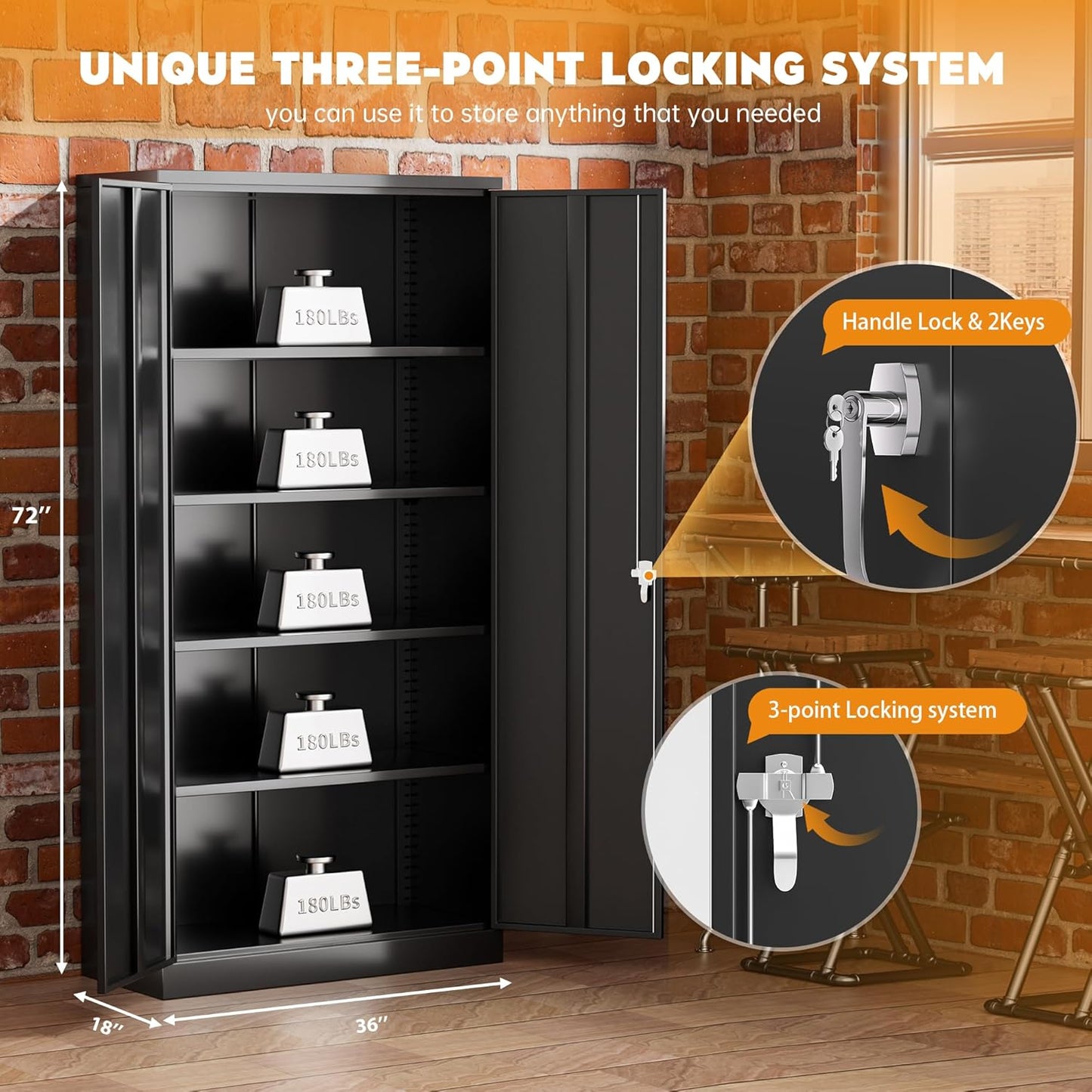 Greenvelly Steel SnapIt Storage Cabinet, 72" Locking Metal Garage Storage Cabinet with 4 Adjustable Shelves, 2 Doors and Lock for File, Office, Garage, Home (Black)