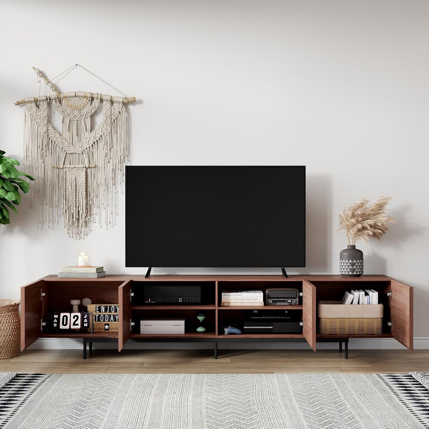 Mid Century Modern TV Stand - 94.5" Walnut Entertainment & Media Console for 65-100 Inches TV, 4 Cabinet Doors with 6 Storage Compartments, Cable Management, Stylish Living Room Center (Walnut, 94.5")