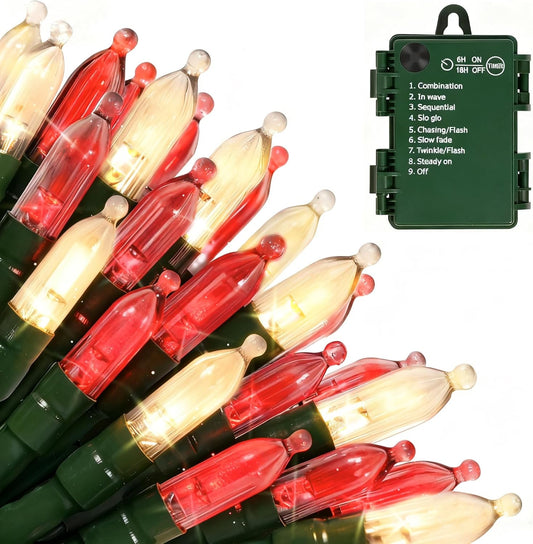 Battery Operated Christmas Lights, 2 Pack 18 FT 50 LED Each Clear Mini String Lights, 8 Modes with Timer Waterproof Tree Lights for Xmas Indoor Outdoor Holiday Home Decor, Red and Warm White