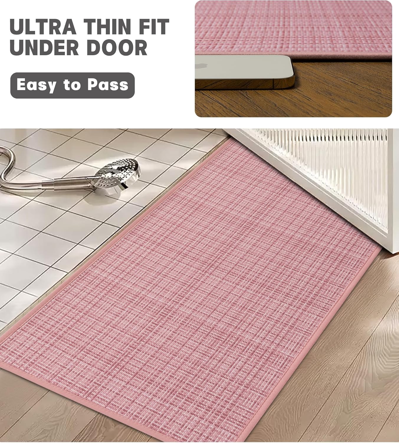 YIHOUSE Bathroom Rugs Sets 2 Pieces, Pink Ultra Thin Bath Mats Fit Under Door, Absorbent Quickly Dry Rubber Backing Braided Bath Mat Set, Non Slip Washable Bath Rugs for Bathroom Floor, Pink