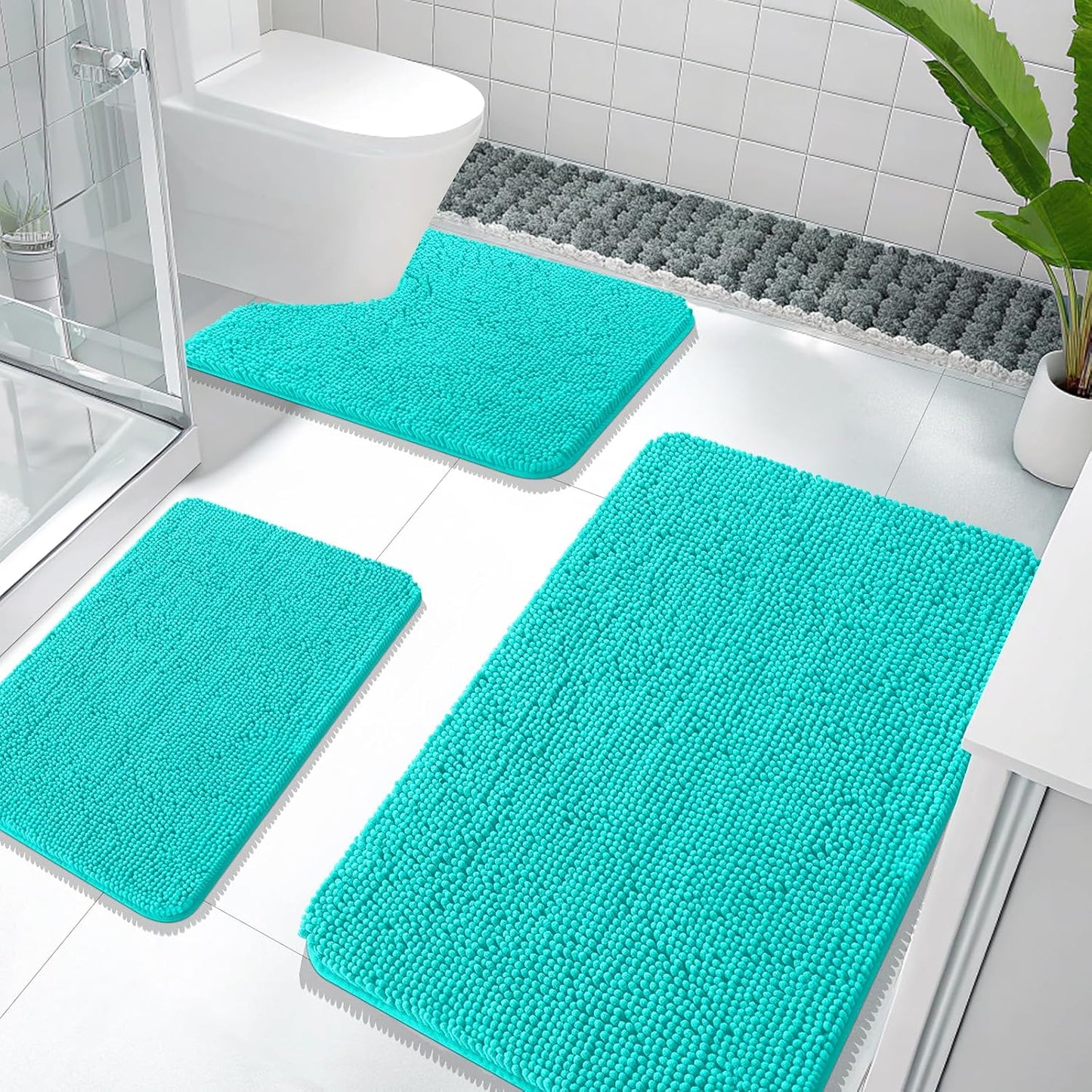 OLANLY Bathroom Rugs Sets 3 Piece, Soft Absorbent Chenille Bath Mats and U-Shaped Contour Toilet Rug, Quick Dry, Home Decor Accessories, Bath Mat Set for Bathroom (36"x24"+24"x16"+24"x20", Teal)