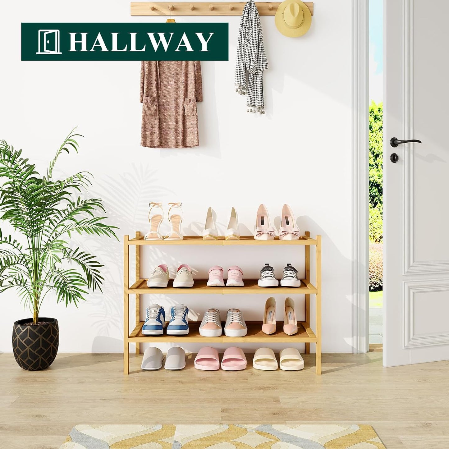 Smiry Bamboo Shoe Rack, 3 Tier Shoe Organizer for Entryway & Closet, Stackable Free Standing Storage Shelf for Shoes, Bags & Plants, Natural