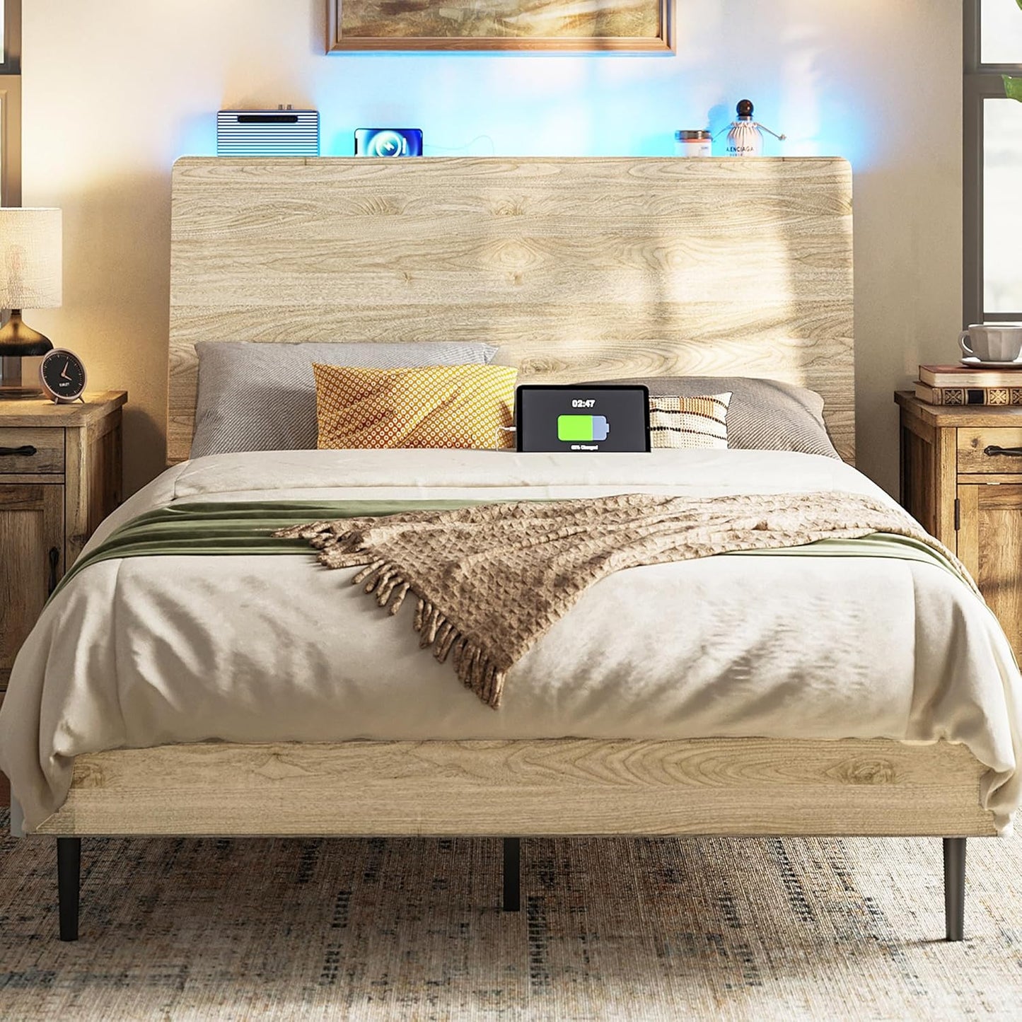 LINSY Wood Bed Frame with Headboard, Full Bedframe with LED Lights, Wooden Platform Frames with Charging Station, No Box Spring Needed, Easy Assembly, Boho Wood