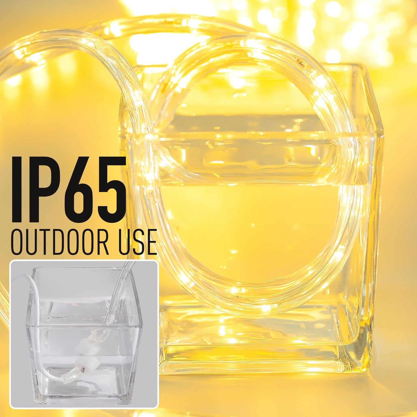 Waterproof LED Rope Lights, Connectable & Flexible with 8 Modes, Outdoor Lighting for Deck, Garden, Pool, Patio & Christmas Decor (Warm White, 50ft)