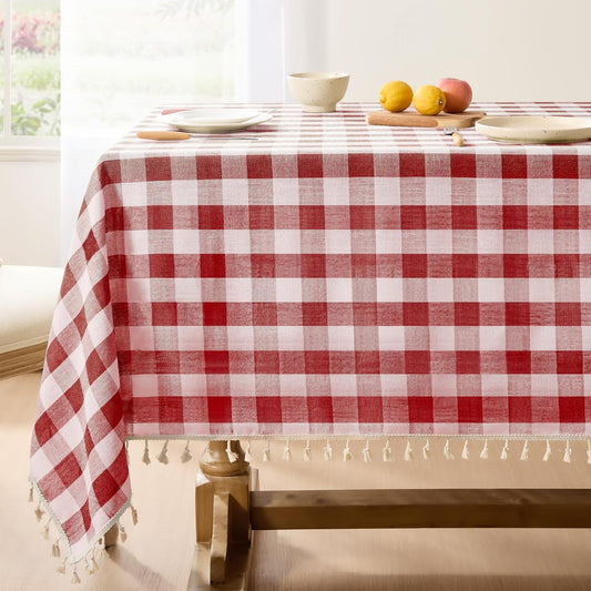 Softalker Checkered Tablecloth Rectangle, Heavy Weight Linen Gingham Boho Table Cloth with Tassel, Washable Wrinkle Free Buffalo Plaid Table Cover for Dining/Party/Outdoor - 55 x 102 Inch, Red