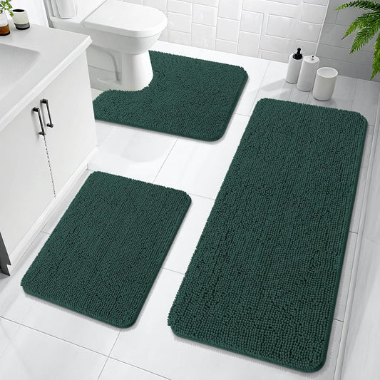 OLANLY Bathroom Rugs Sets 3 Piece, Soft Absorbent Chenille Bath Mat and U-Shaped Contour Toilet Rug, Quick Dry, Home Decor Accessories, Bath Mat Set for Floor (47"x20"+24"x16"+24"x20", Blackish Green)