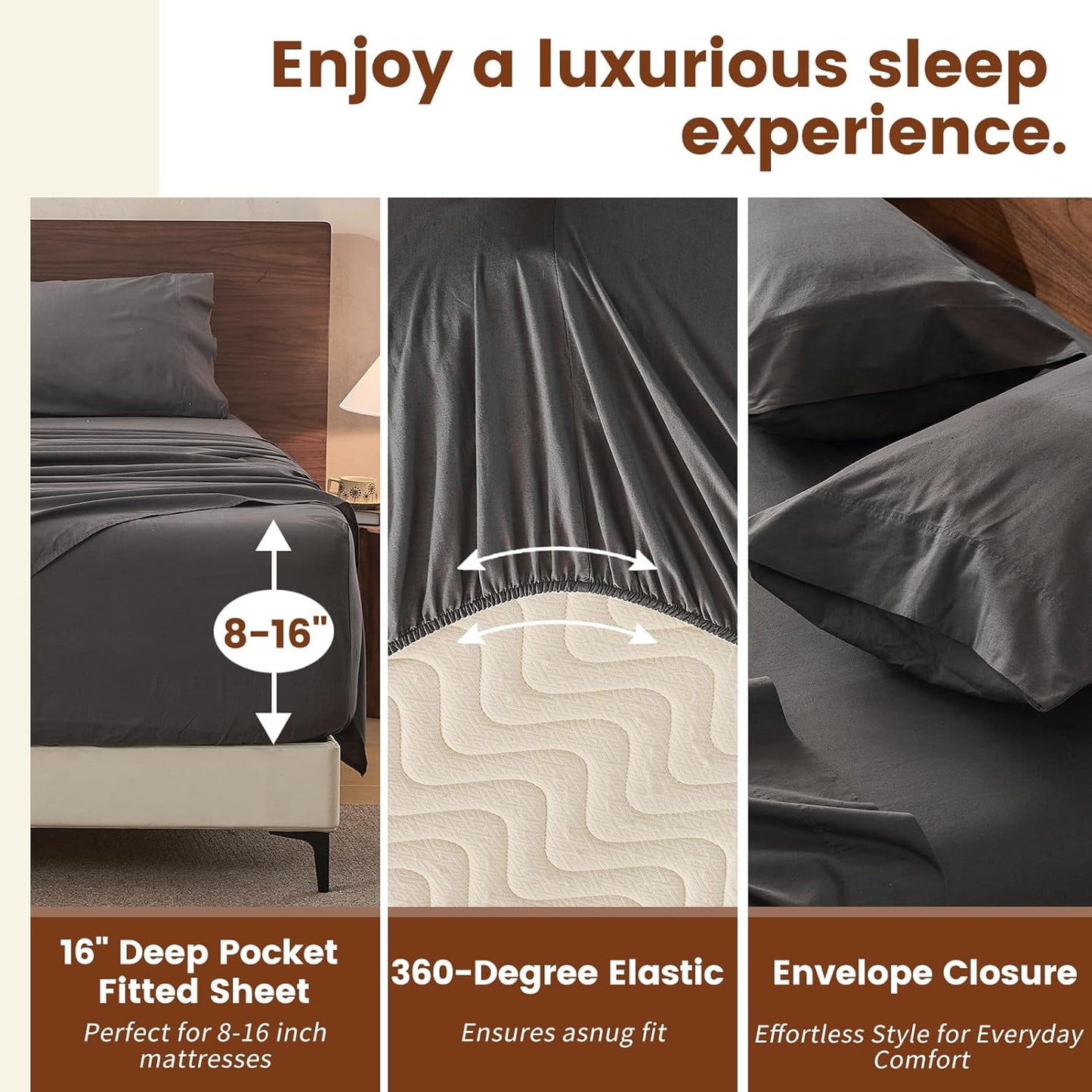 100% Linen Sheets Queen Size,Breathable & Durable 4-Piece Bed Flax Sheet Set,Soft All-Season Bedding for Hot Sleepers 16" Deep Pocket Oeko-TEX Certified,（Queen, Dark Grey）