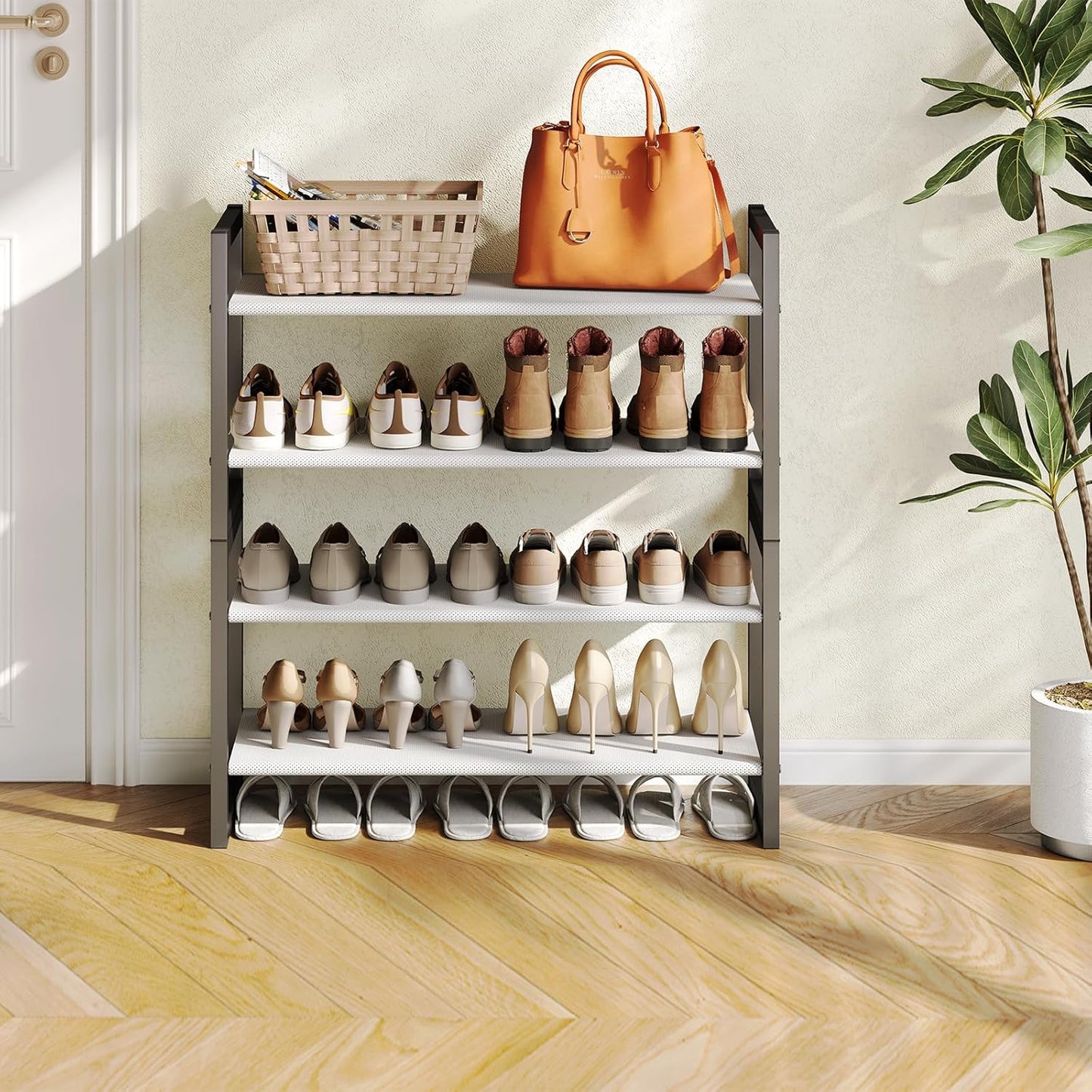 Shoe Rack with Non-Woven Fabric, 4 Tier Shoe Organizer Metal Shoe Storage Shelf, Easy to Assemble, Sturdy & Durable Shoe Shelves, Shoe Rack for Closet, Entryway, Bedroom, Floor,Black